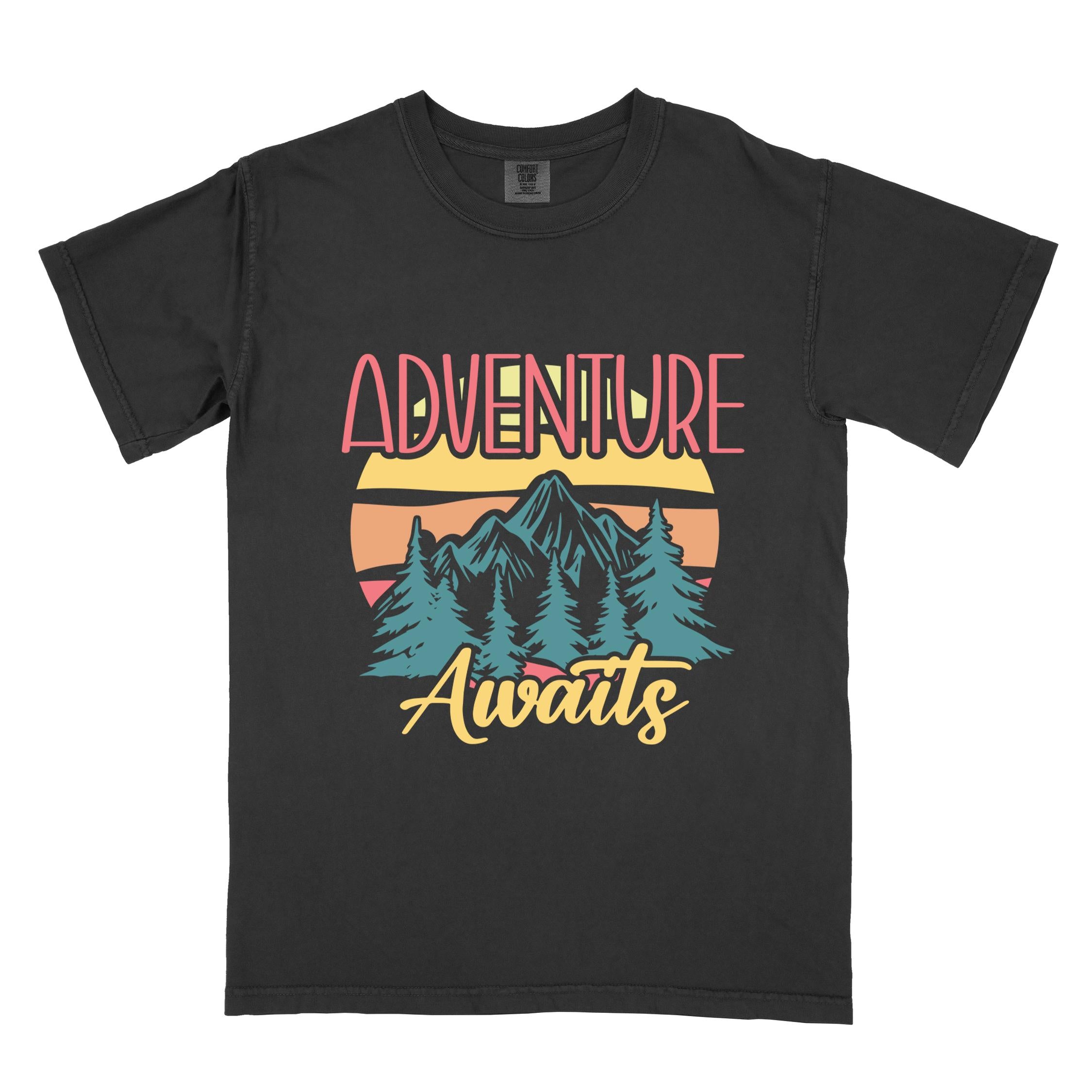 Black "Adventure Awaits" colored statement tee with bold typography, mountains, birds, perfect for adventure motivated individuals.