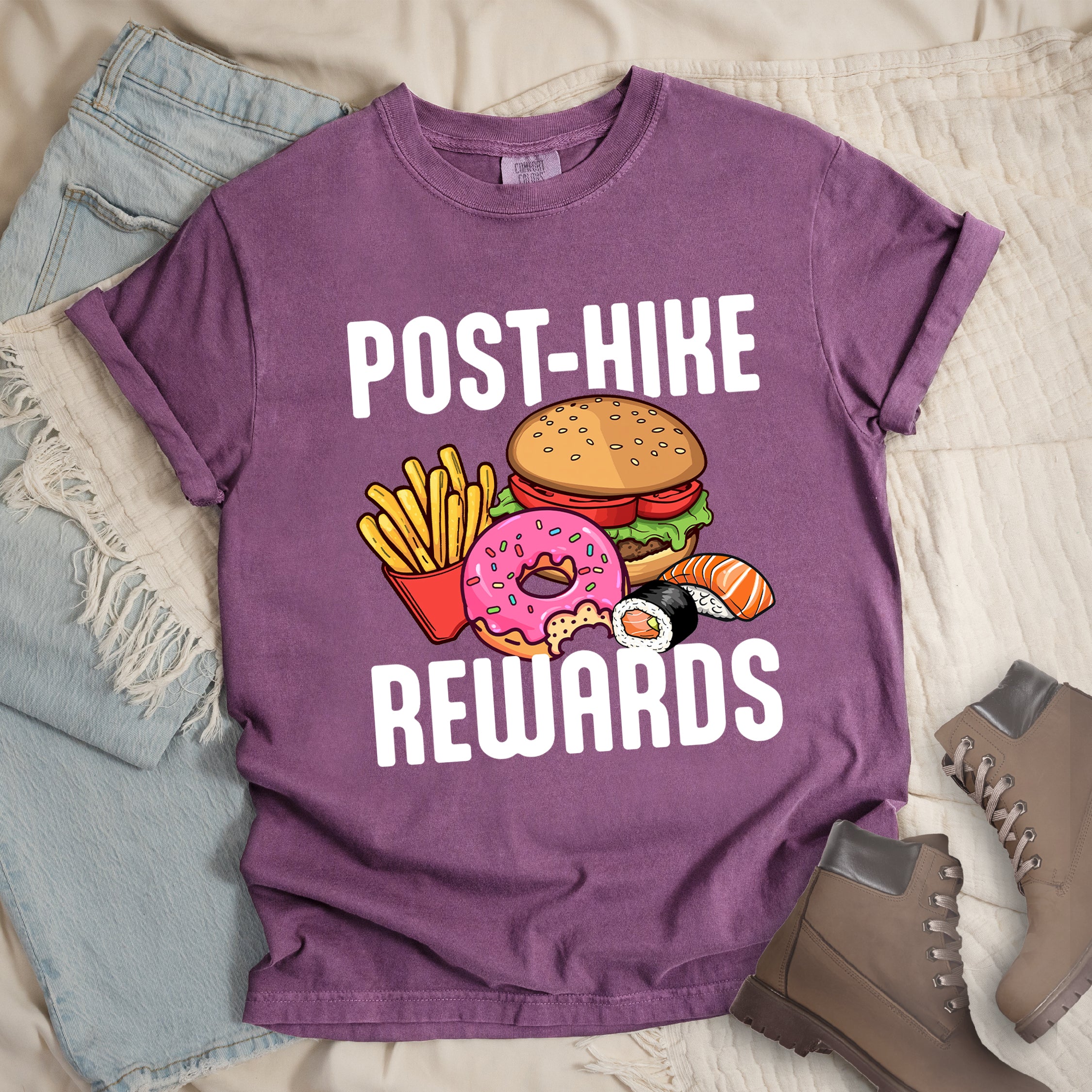 Berry (Dark Violet) colored hiking shirt displaying white POST-HIKE REWARDS text with colorful burger, french fries, donut, and sushi illustrations