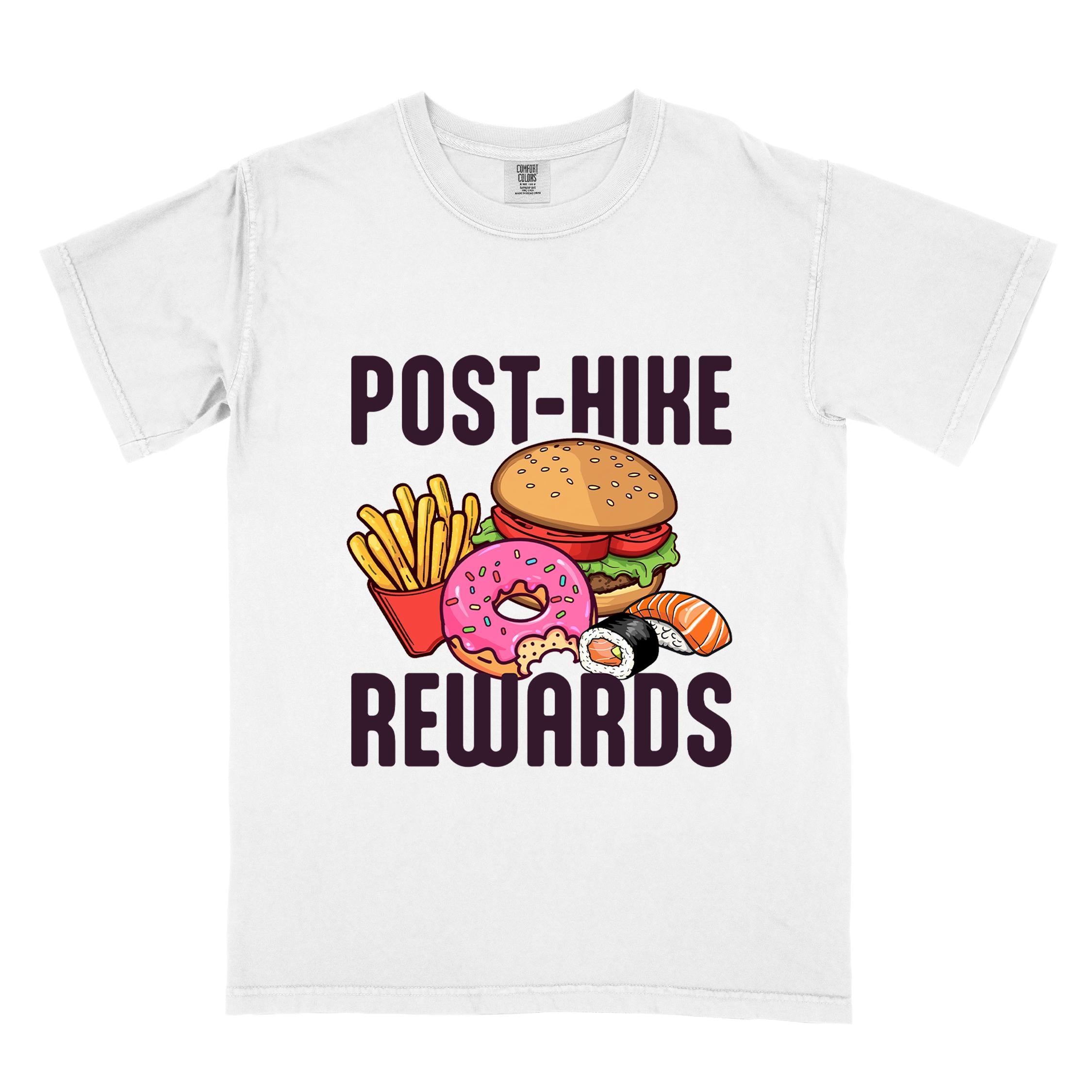 White "Post-hike rewards" colored statement tee with bold typography, mountains, birds, illustrated fast food meal, perfect for adventure motivated individuals and looking for post-hike meal.