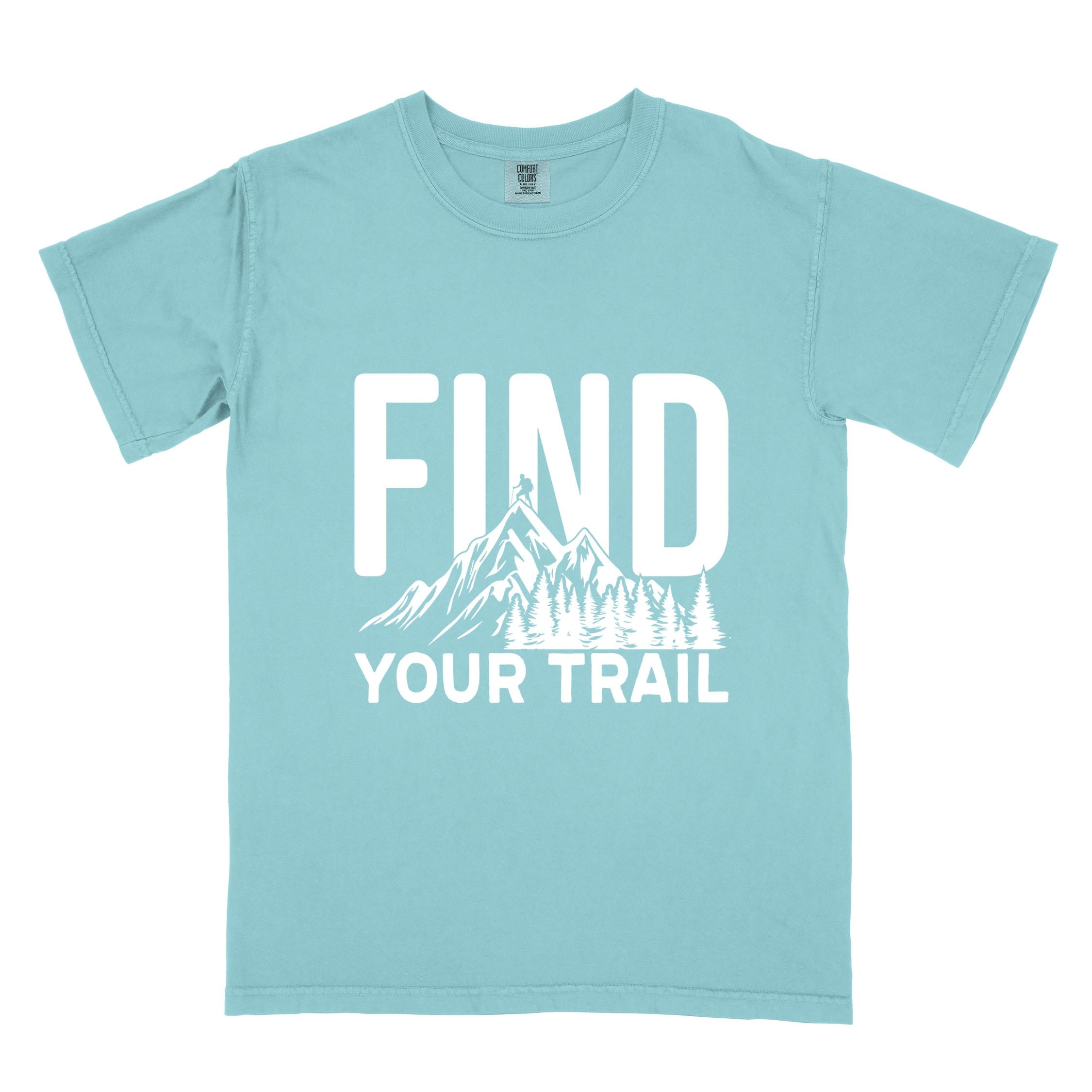 Chalky mint "Find your trail" colored statement tee with bold typography, mountains, birds, perfect for adventure motivated individuals.