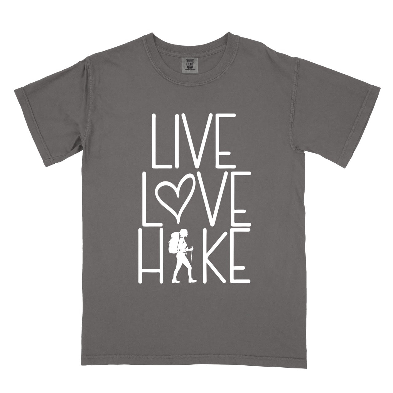 Pepper Women's hiking lifestyle shirt Live Love Hike with minimalist stacked typography heart symbol and female hiker silhouette on Comfort Colors tee for outdoor enthusiasts celebrating trail passion and for hikers and foodies