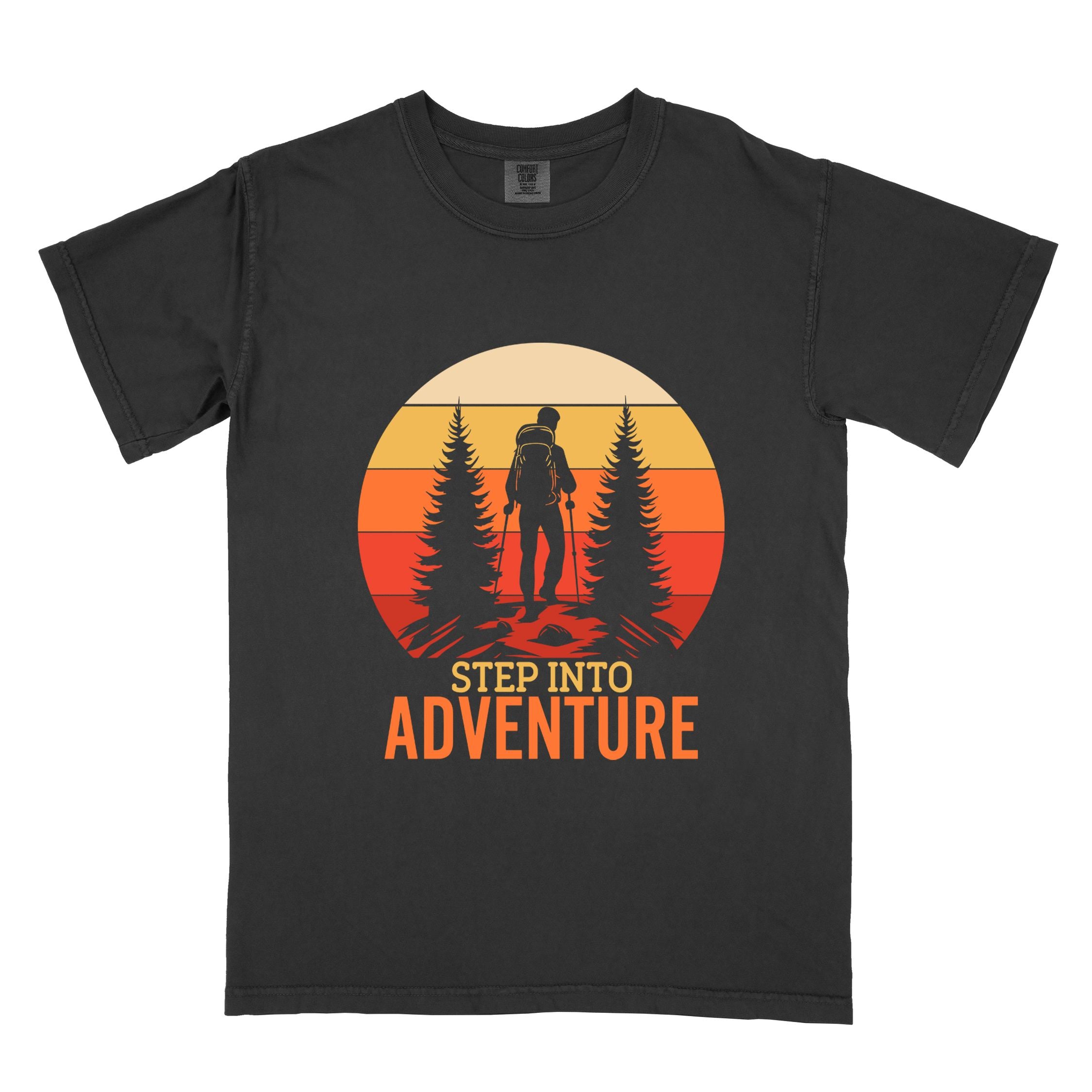 Black "Step into adventure" colored statement tee with bold typography, mountain, sunrise, perfect for adventure motivated individuals.