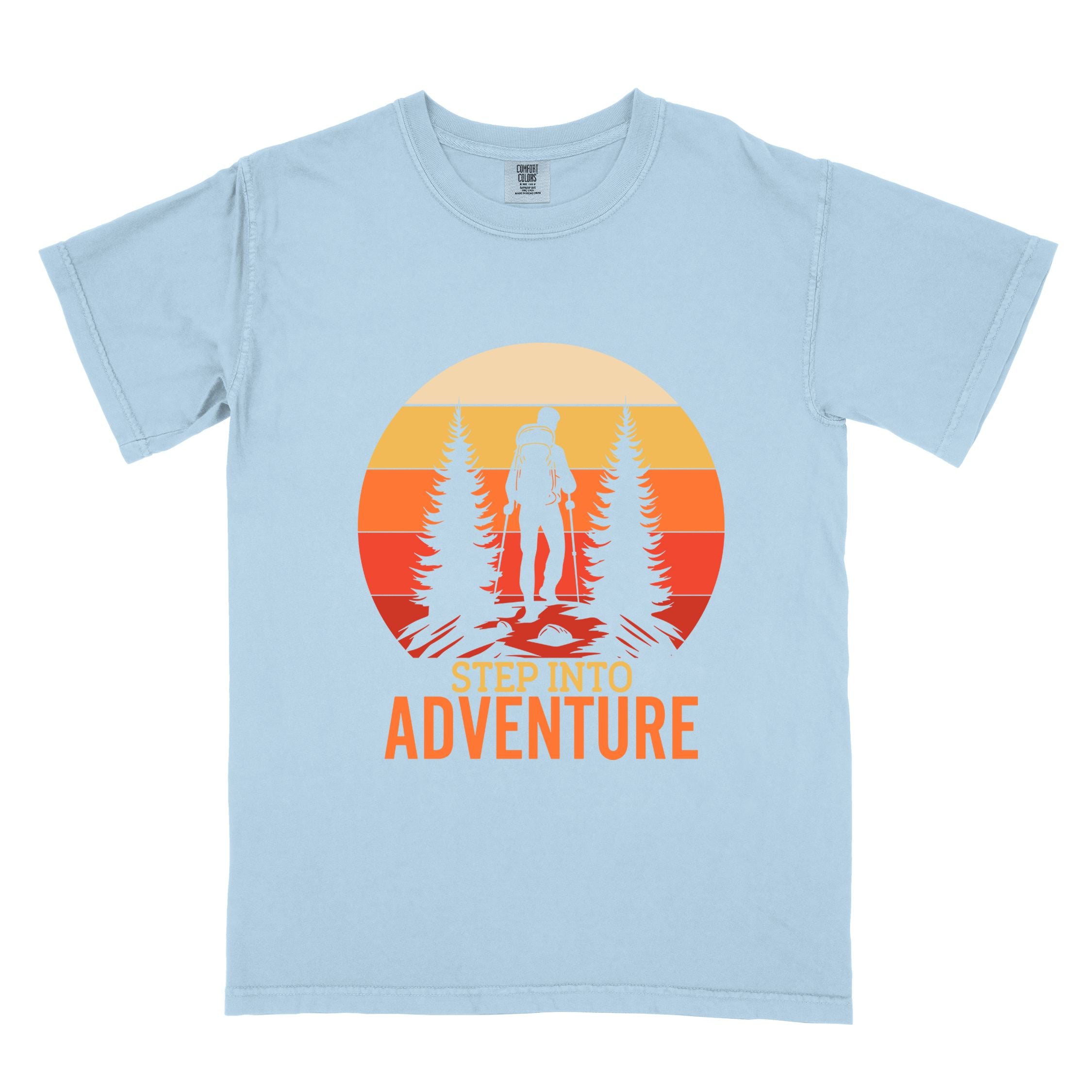 Chambray "Step into adventure" colored statement tee with bold typography, mountain, sunrise, perfect for adventure motivated individuals.