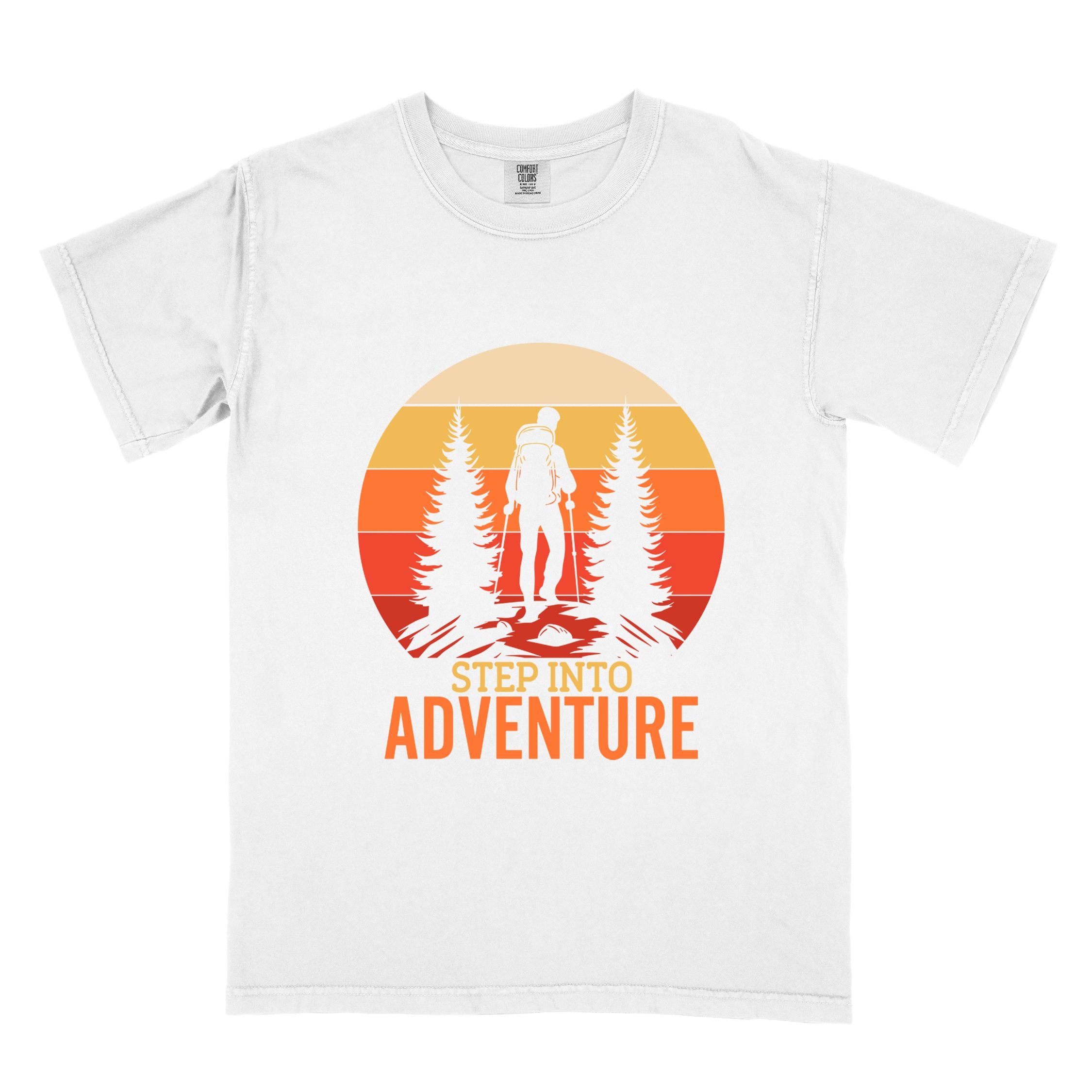 White "Step into adventure" colored statement tee with bold typography, mountain, sunrise, perfect for adventure motivated individuals.