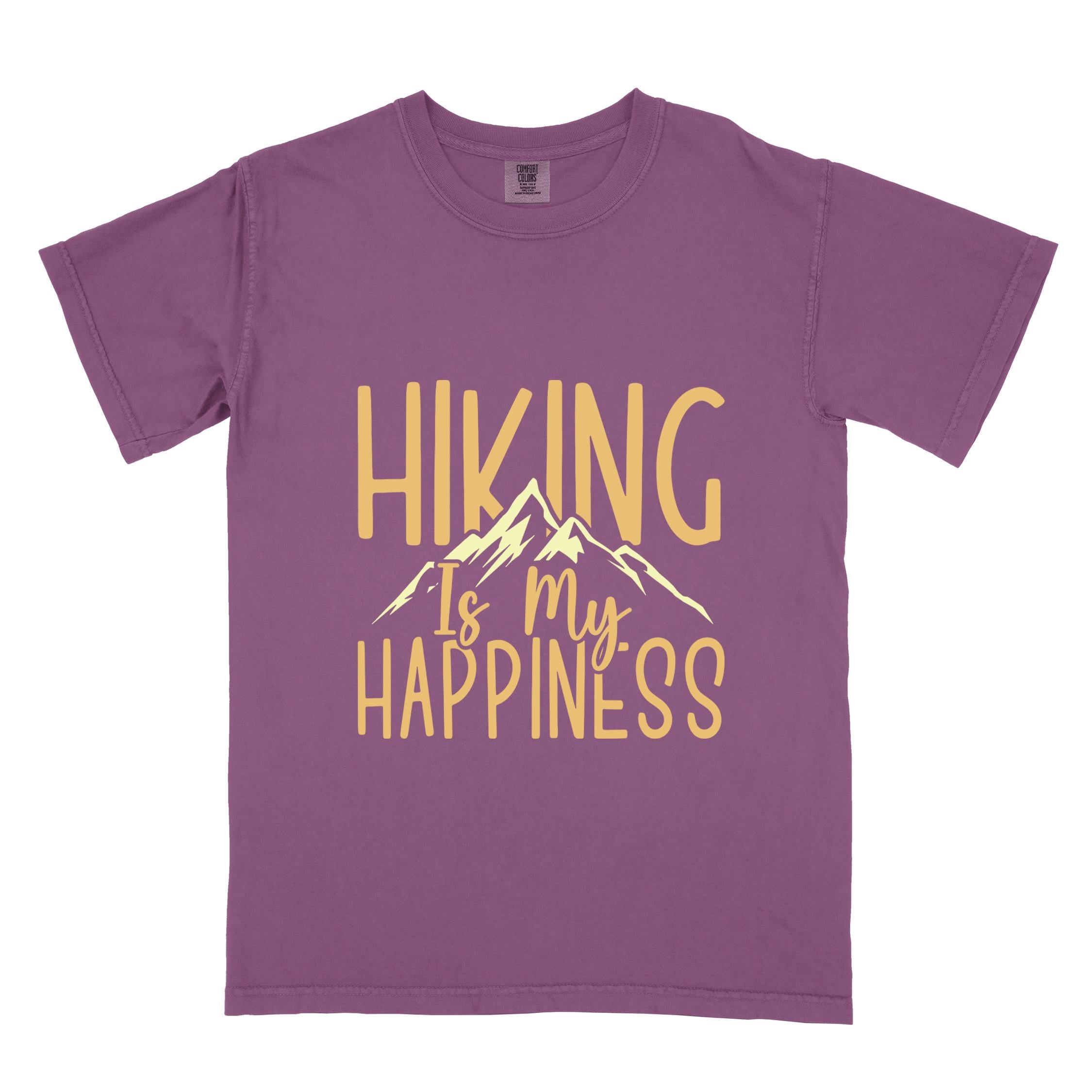 Berry "hiking is my happiness" colored statement tee with bold typography, mountain, sunrise, perfect for adventure motivated individuals.