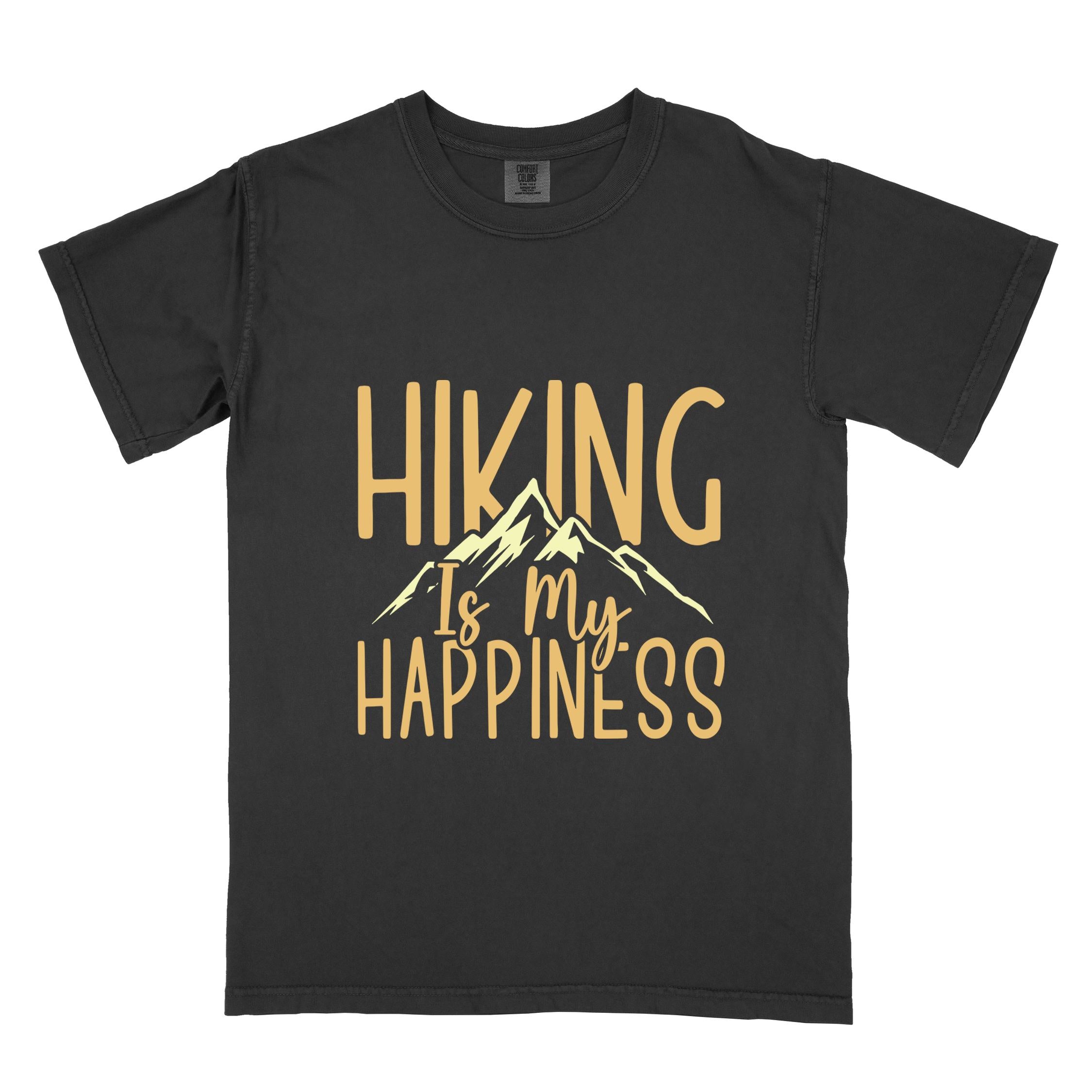 Black "hiking is my happiness" colored statement tee with bold typography, mountain, sunrise, perfect for adventure motivated individuals.