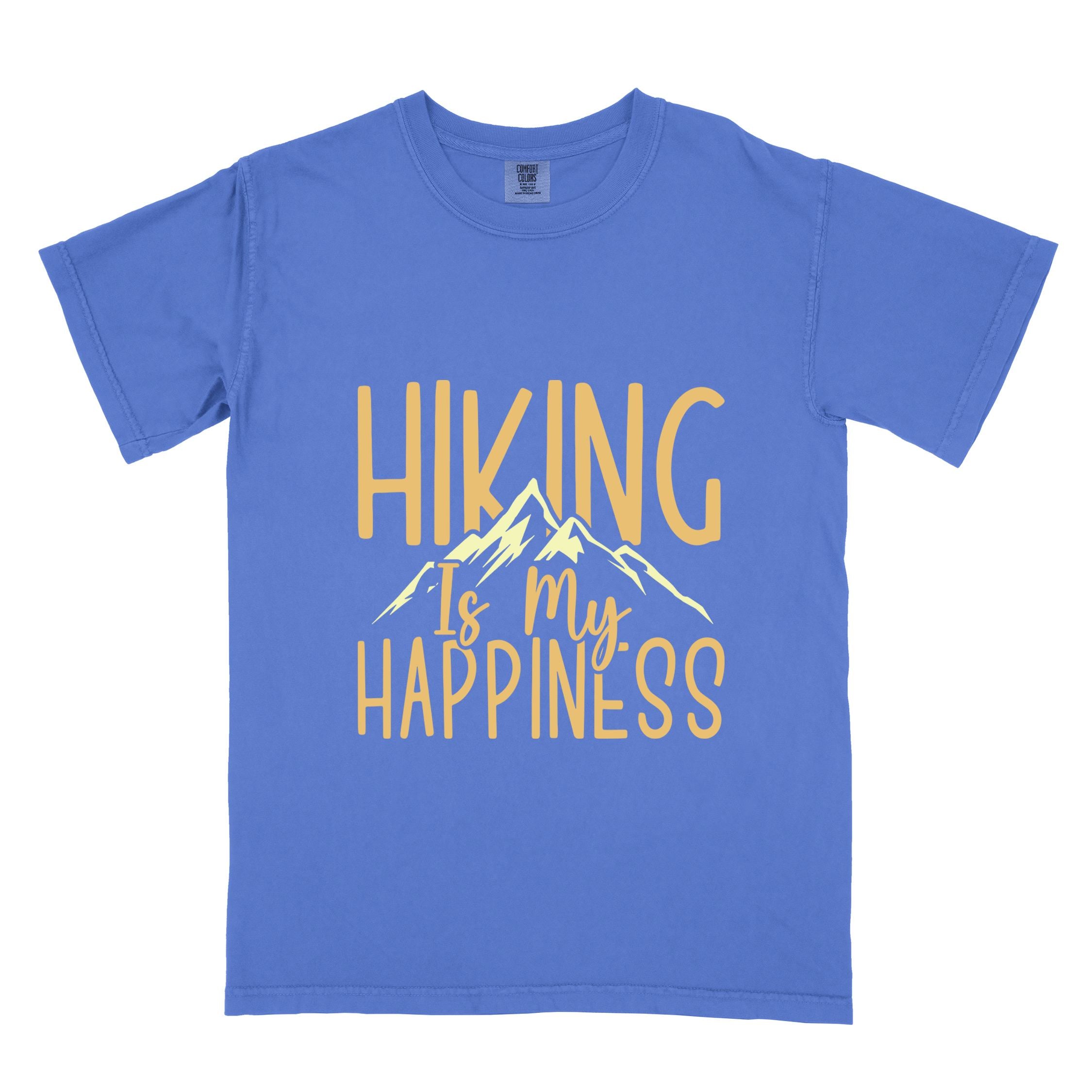 Flo blue "hiking is my happiness" colored statement tee with bold typography, mountain, sunrise, perfect for adventure motivated individuals.
