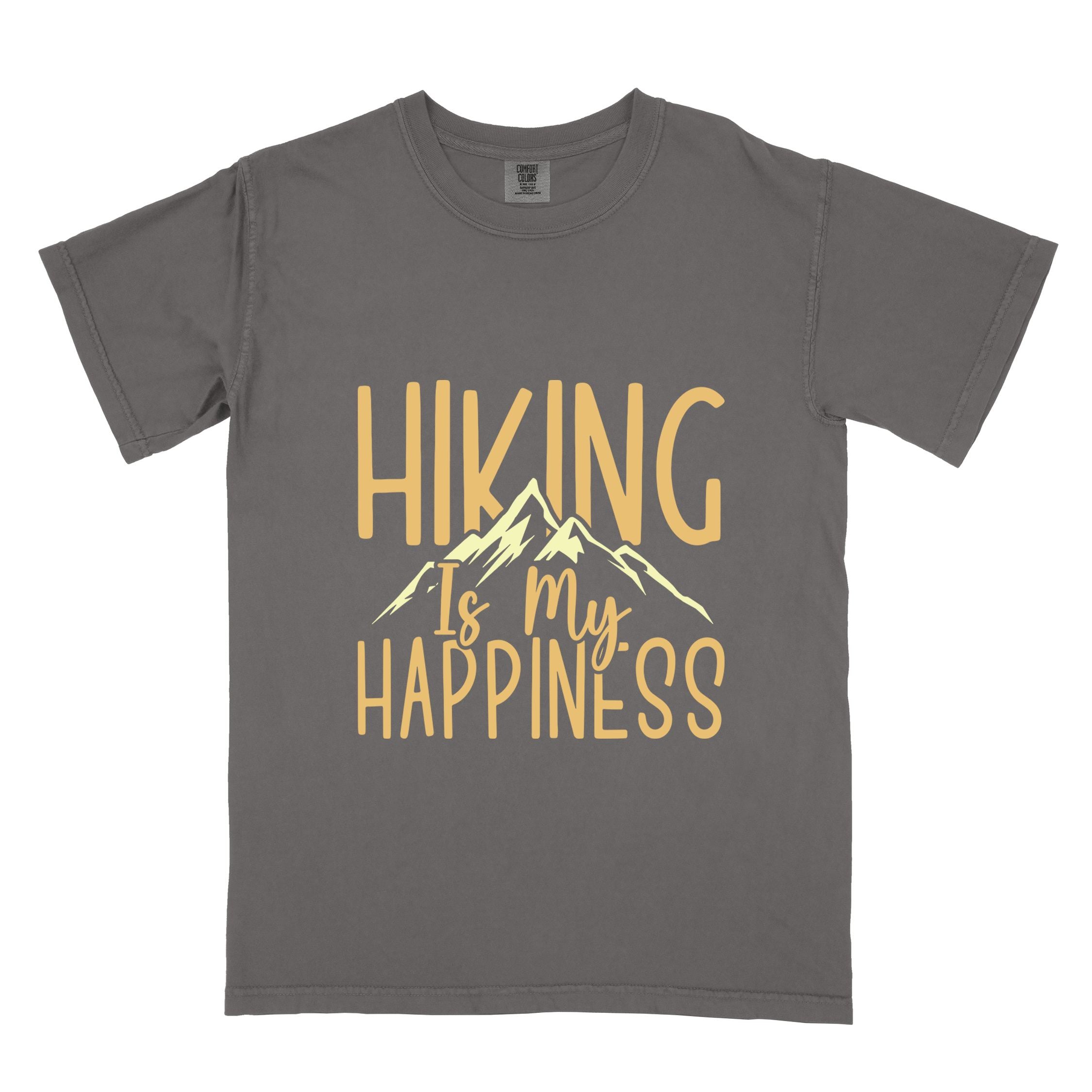 Pepper "hiking is my happiness" colored statement tee with bold typography, mountain, sunrise, perfect for adventure motivated individuals.