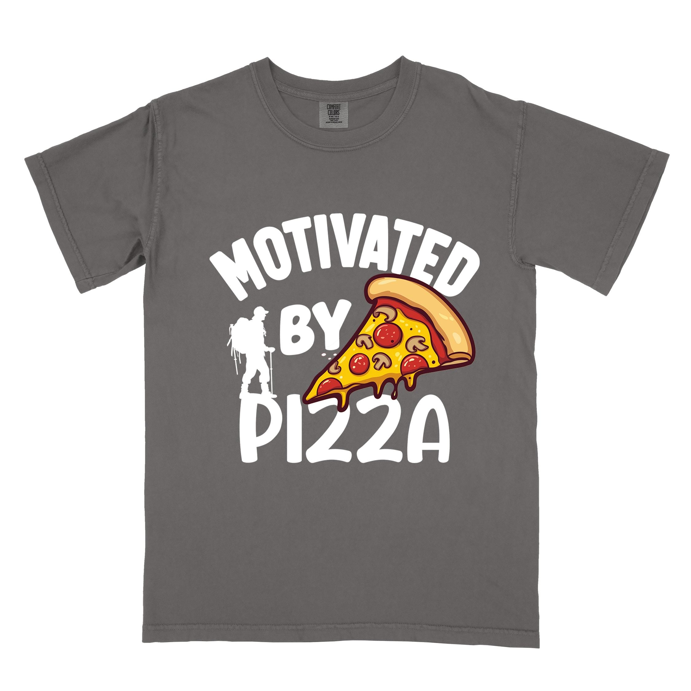 Pepper Motivated by Pizza colored vintage tee with bold typography, illustrated pizza slice, and backpacker for foodies.
