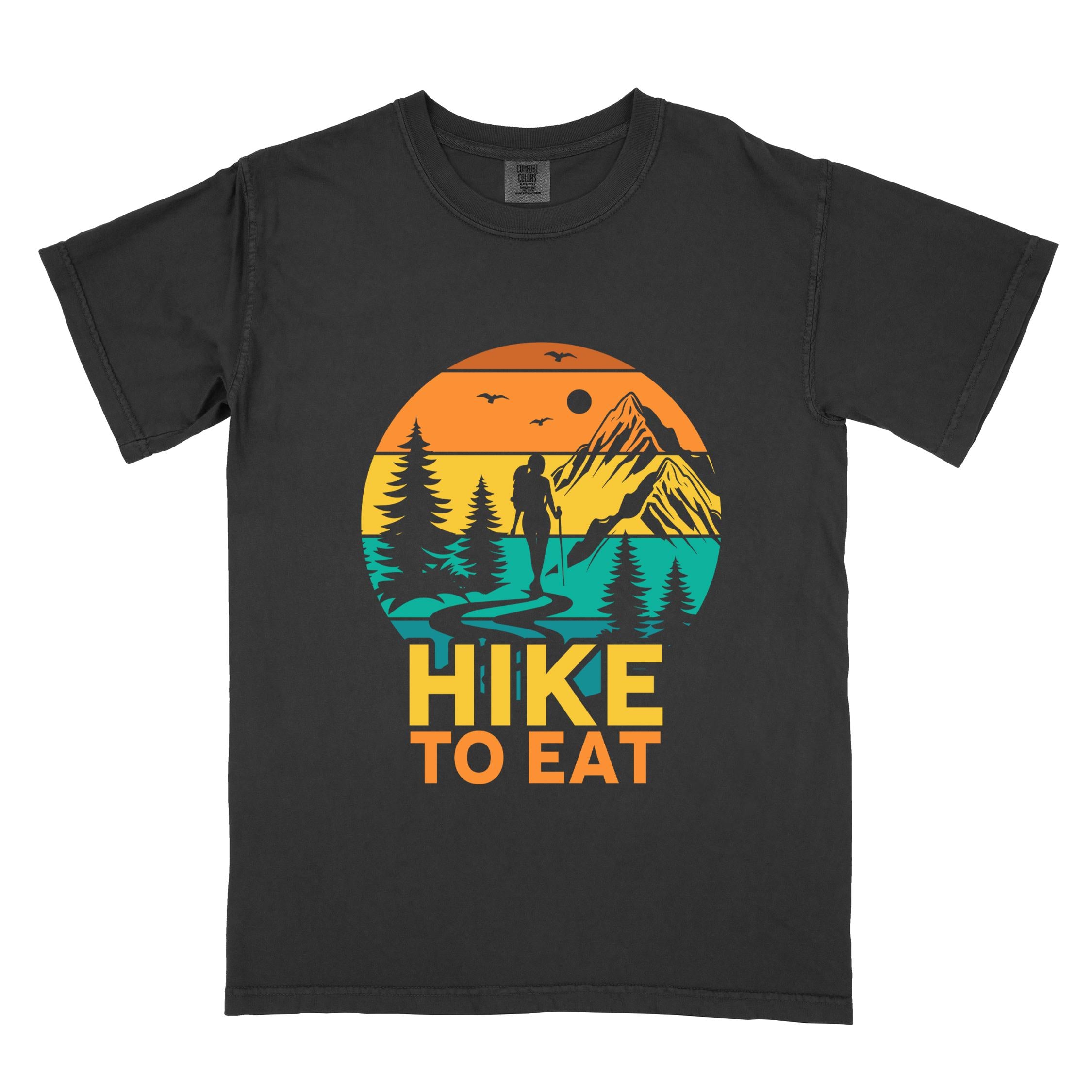 Black "Hike to Eat" colored statement tee with bold typography, mountain, sunrise, perfect for adventure driven individuals.