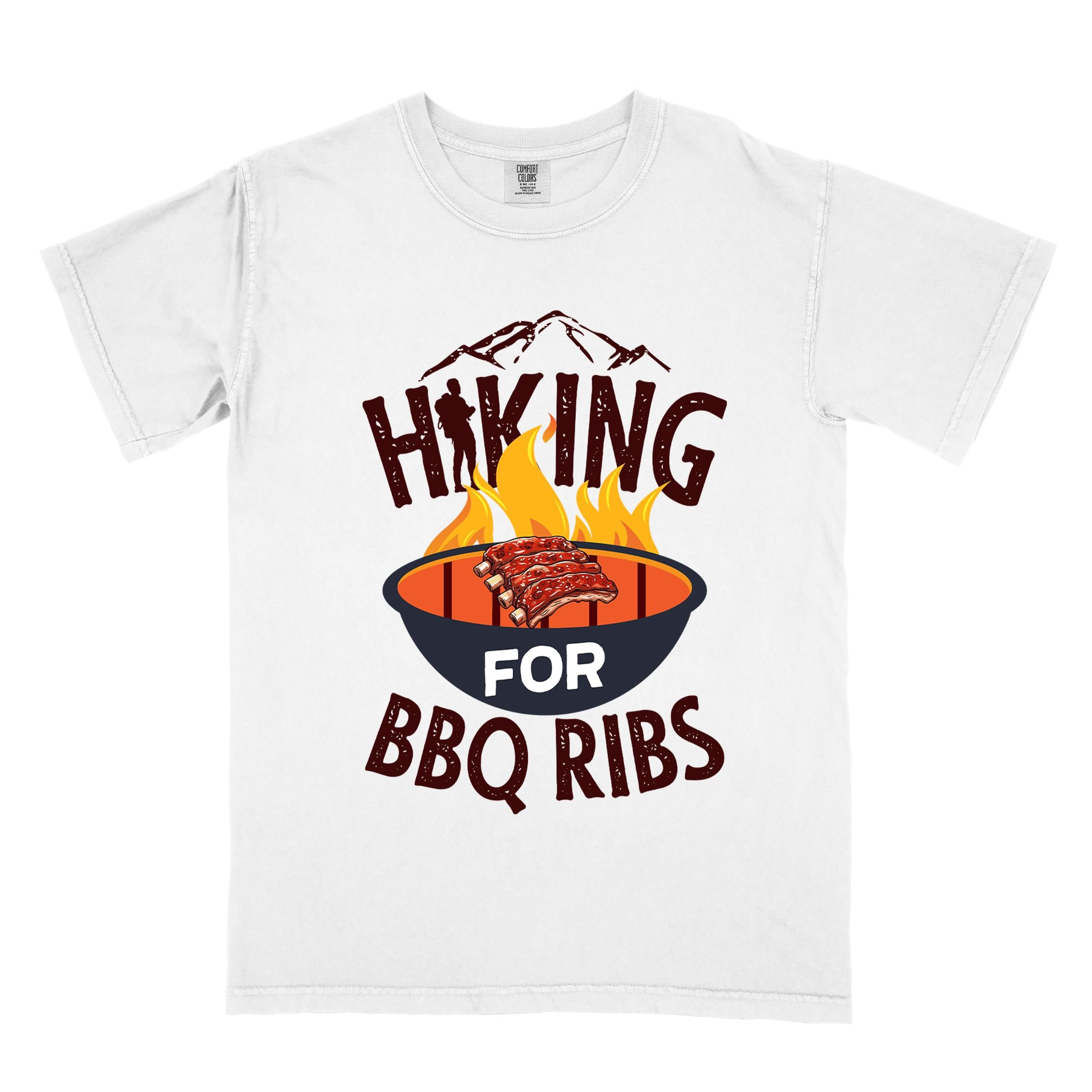 White Hiking for BBQ ribs colored vintage tee with bold typography, illustrated grilling bbq ribs, mountains, birds, and bbq enthusiasts
