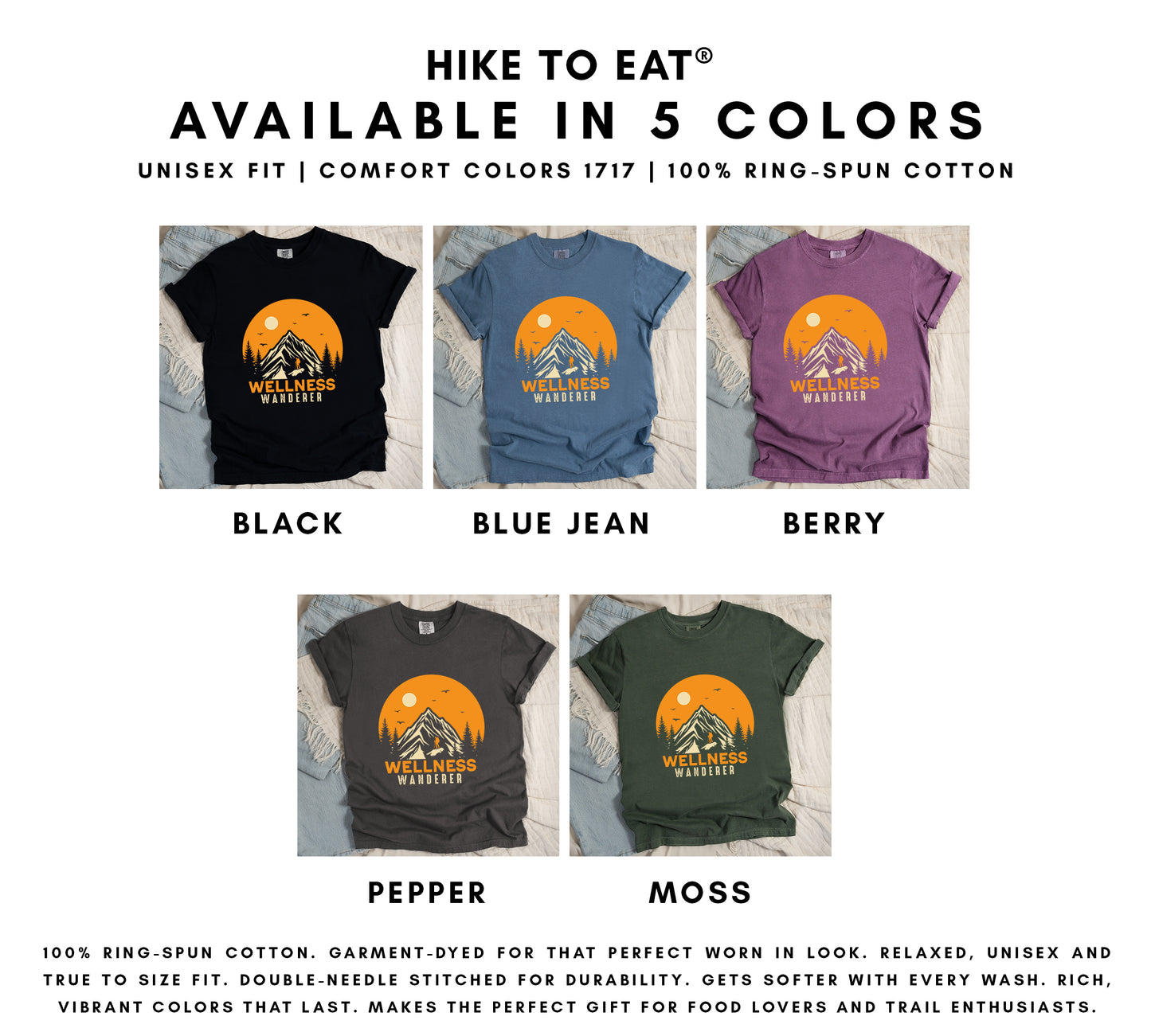Wellness Wanderer t-shirt color options chart showing 5 available colors: black, blue jean, berry, pepper, and moss with orange circular sunset design featuring mountains, pine trees, and hiker silhouette.