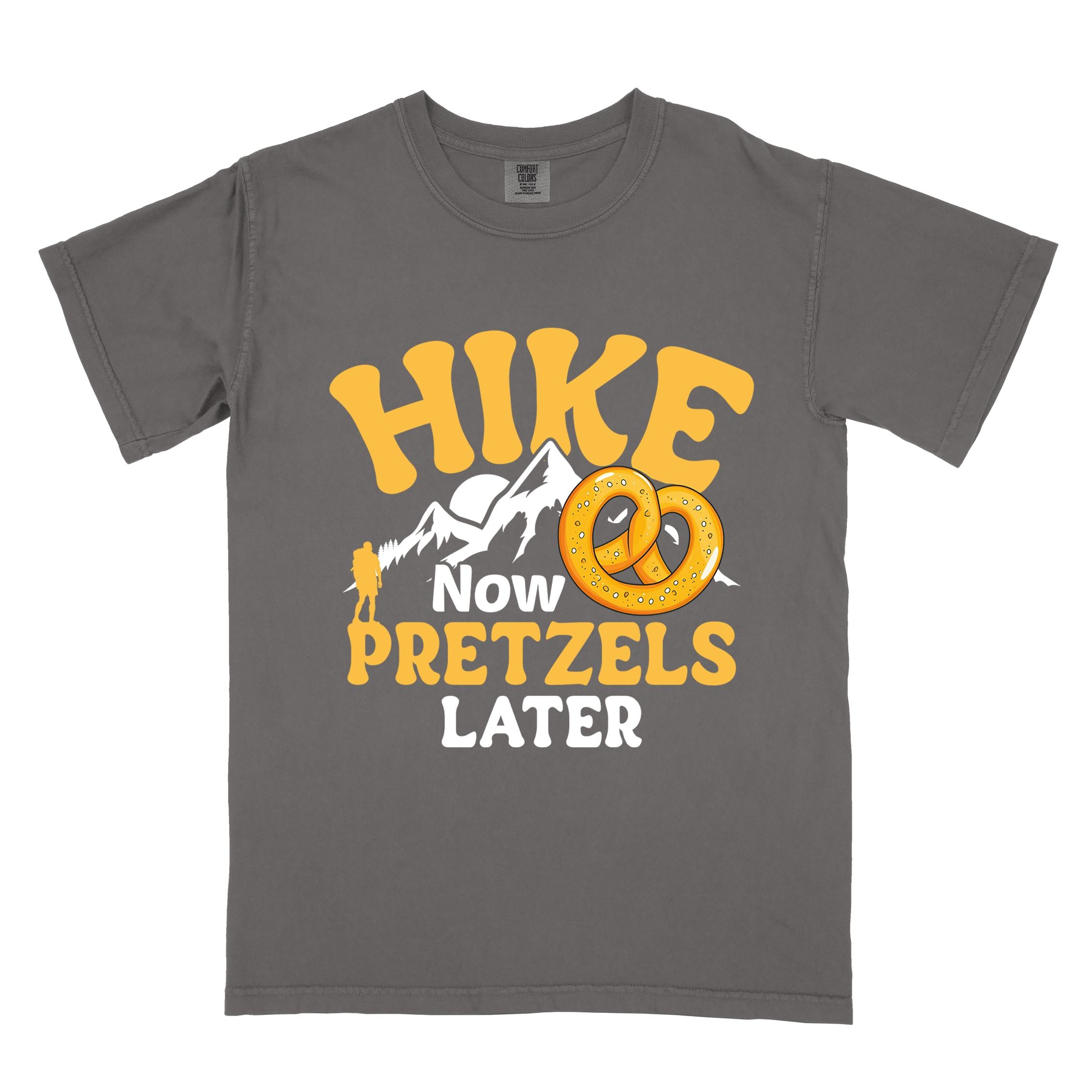 Pepper Hike now Pretzels later colored vintage tee with bold typography, , mountains, sunrise, and illustrated pretzel for baked pretzel lovers