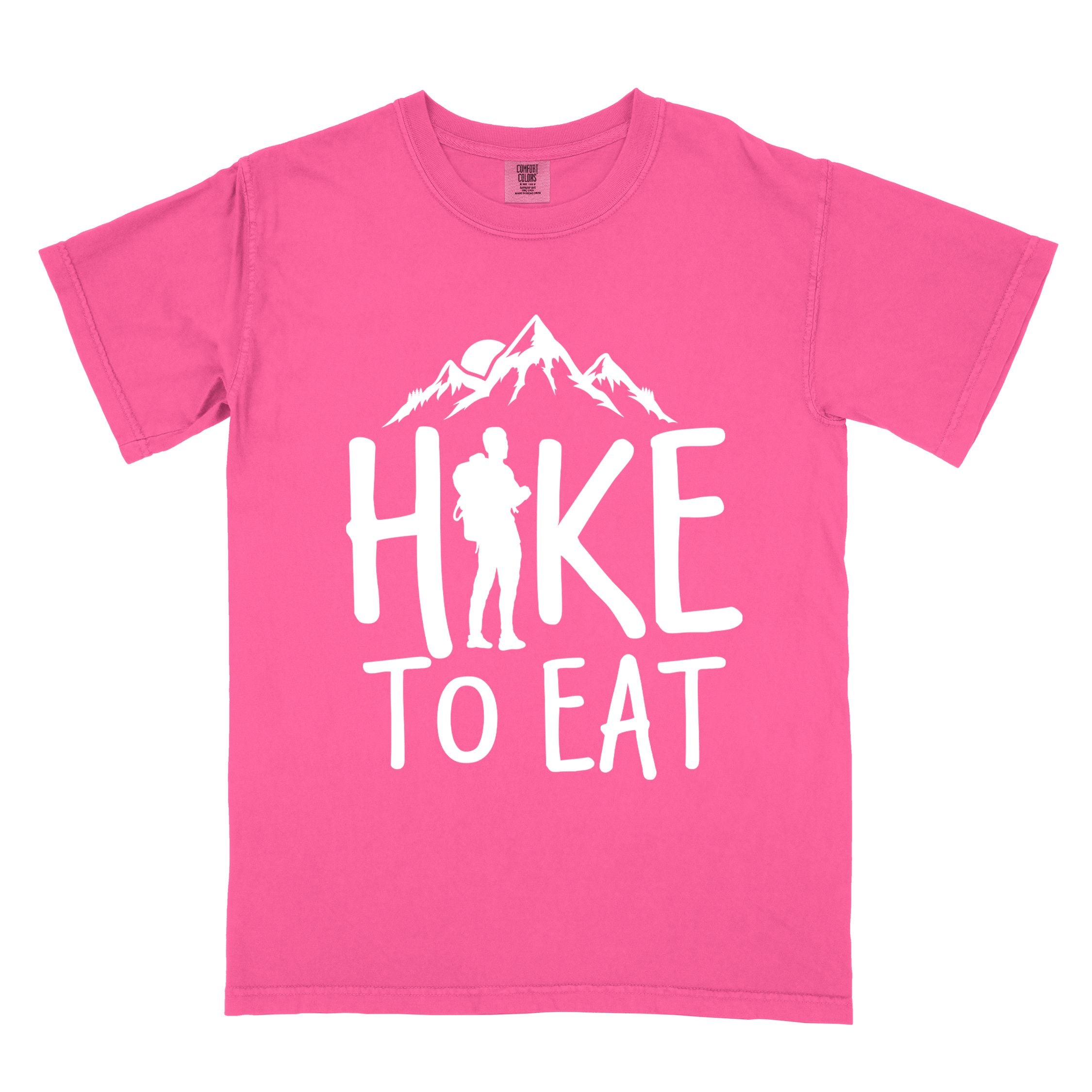 Crunchberry "Hike to Eat" colored statement tee with bold typography, mountains, birds, sunrise, perfect for food motivated individuals.