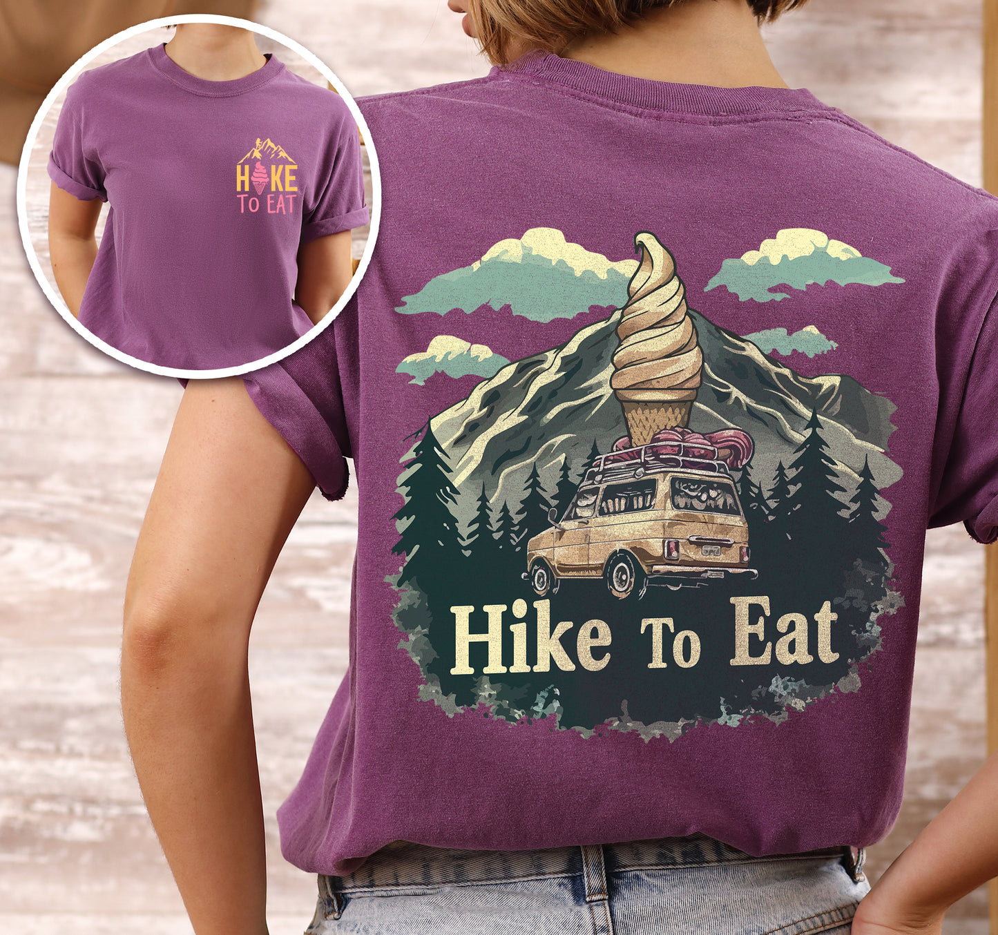 Berry (Dark Violet) Hike to Eat t-shirt front and back view showing small chest logo and large back design featuring ice cream cone mountain peak with vintage camping van and pine trees