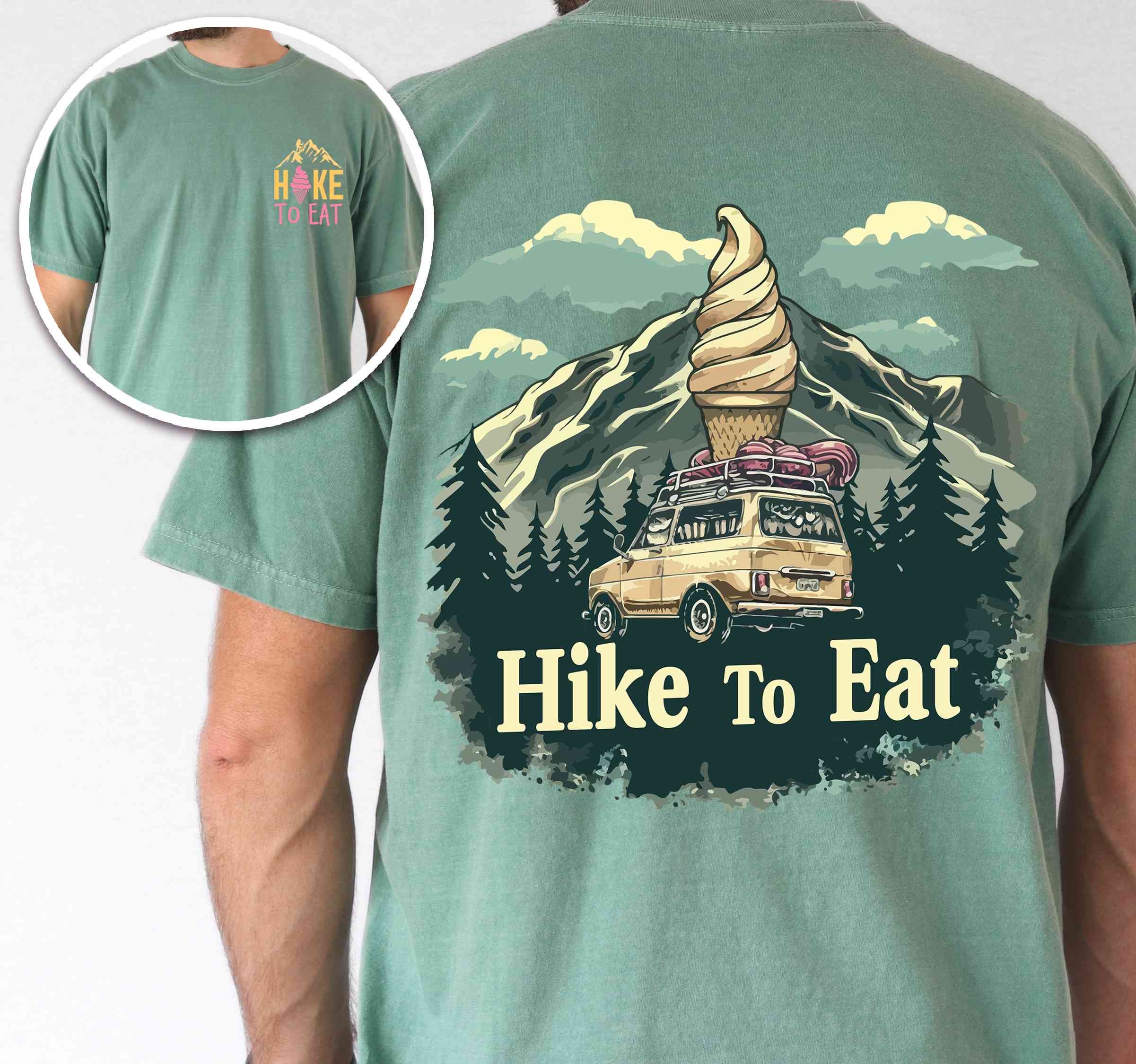 Man wearing light green colored vintage tee with front and back design "Hike to Eat" text in cream lettering, mountains, birds, illustrated icecream cone, and backpacker for dessert lovers.