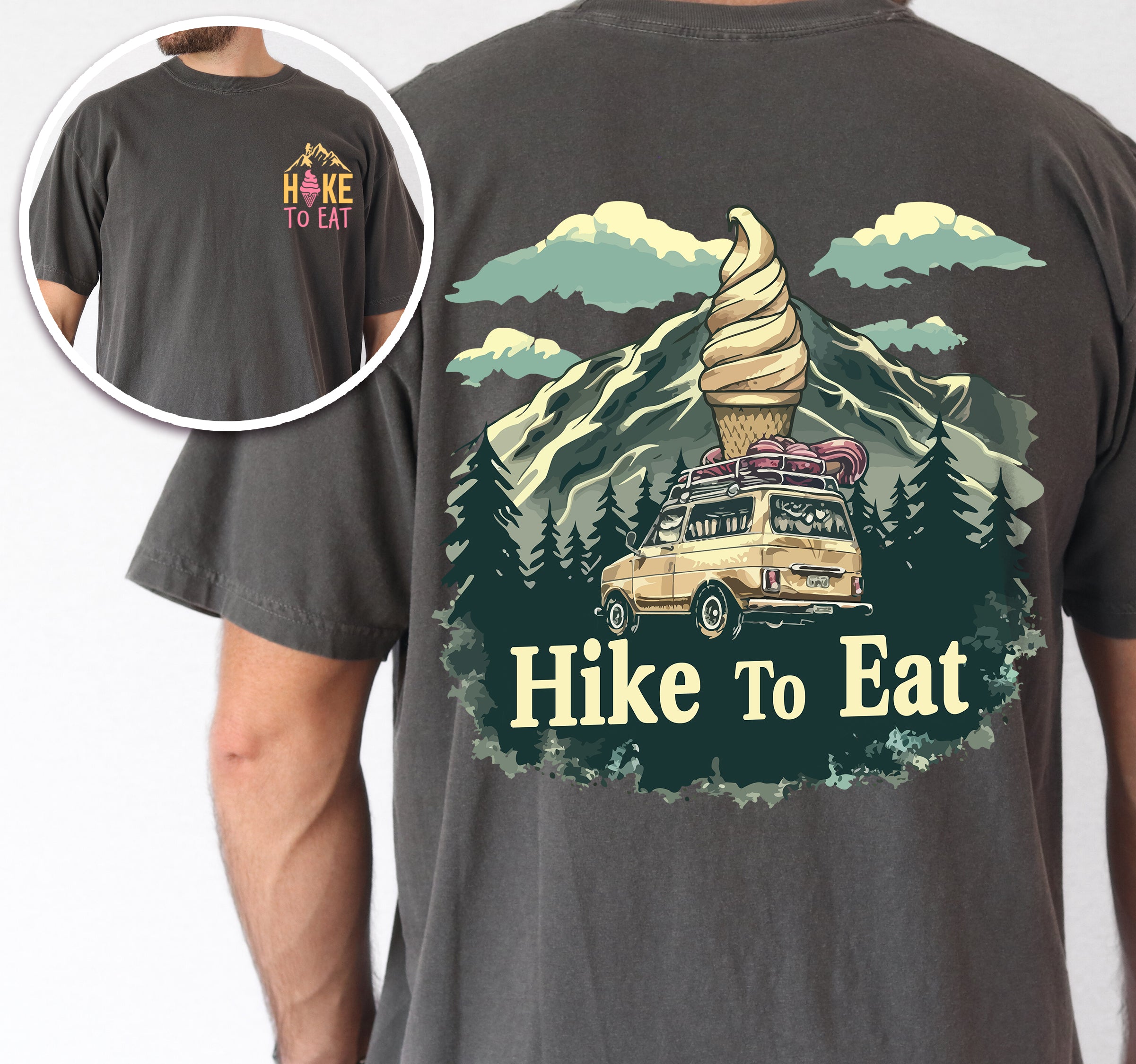 Pepper (Dark Gray) Hike to Eat t-shirt front and back view showing small chest logo and large back design featuring ice cream cone mountain peak with vintage camping van and pine trees