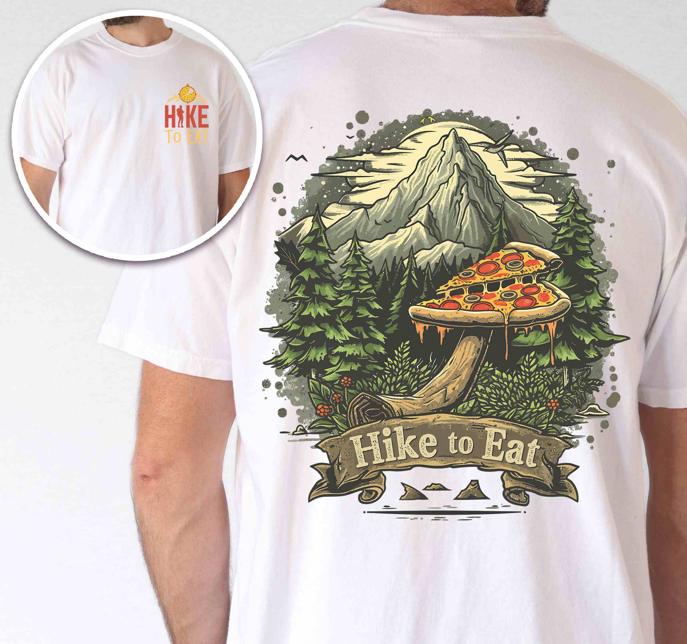 Man wearing white colored vintage tee with front and back design "Hike to Eat" text in cream lettering, mountains, birds, illustrated pizza slice mushroom top, and backpacker for pizza lovers.
