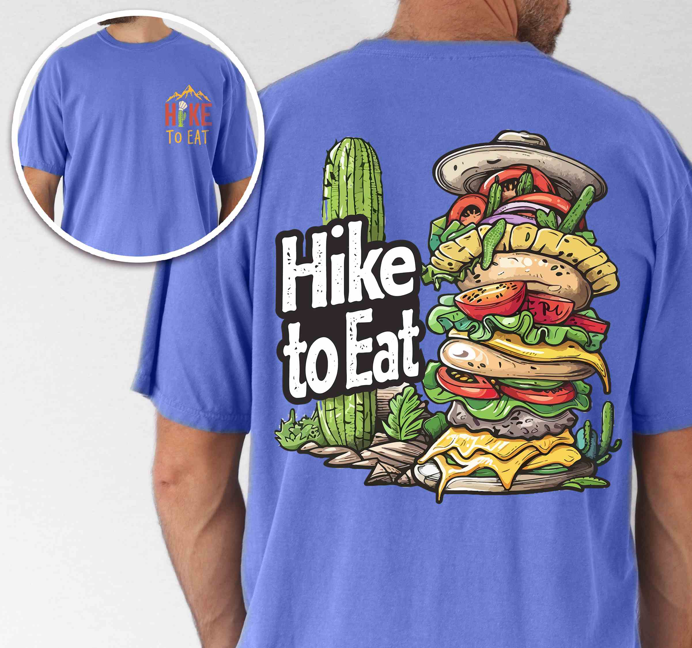 Man wearing flo blue "Hike to Eat" text in bold lettering front and back design, mountains, birds, illustrated stack of cheeseburger, and backpacker for burger lovers.