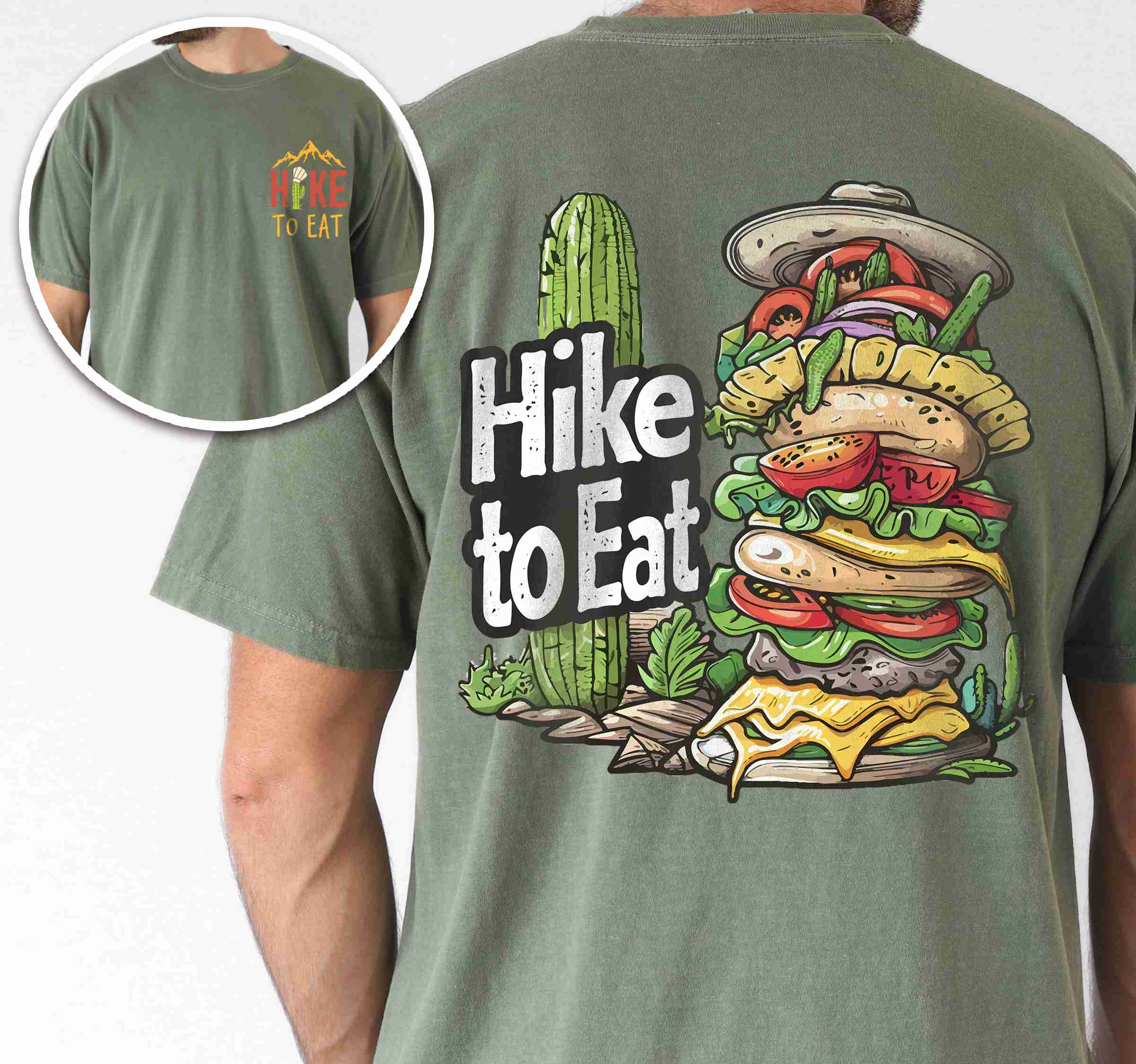 Man wearing moss "Hike to Eat" text in bold lettering front and back design, mountains, birds, illustrated stack of cheeseburger, and backpacker for burger lovers.