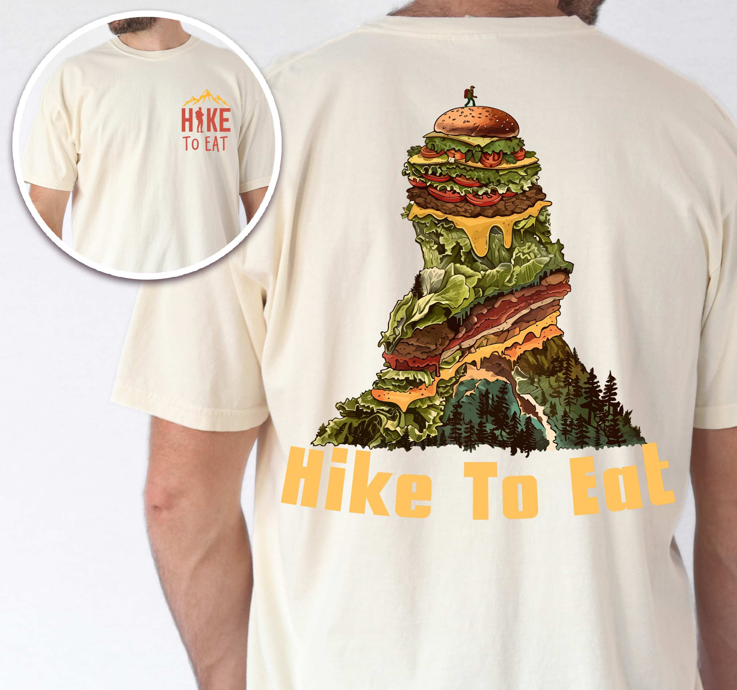 Man wearing ivory "Hike to Eat" text in bold lettering front and back design, mountains, birds, illustrated stack of cheeseburger, and backpacker for burger lovers.