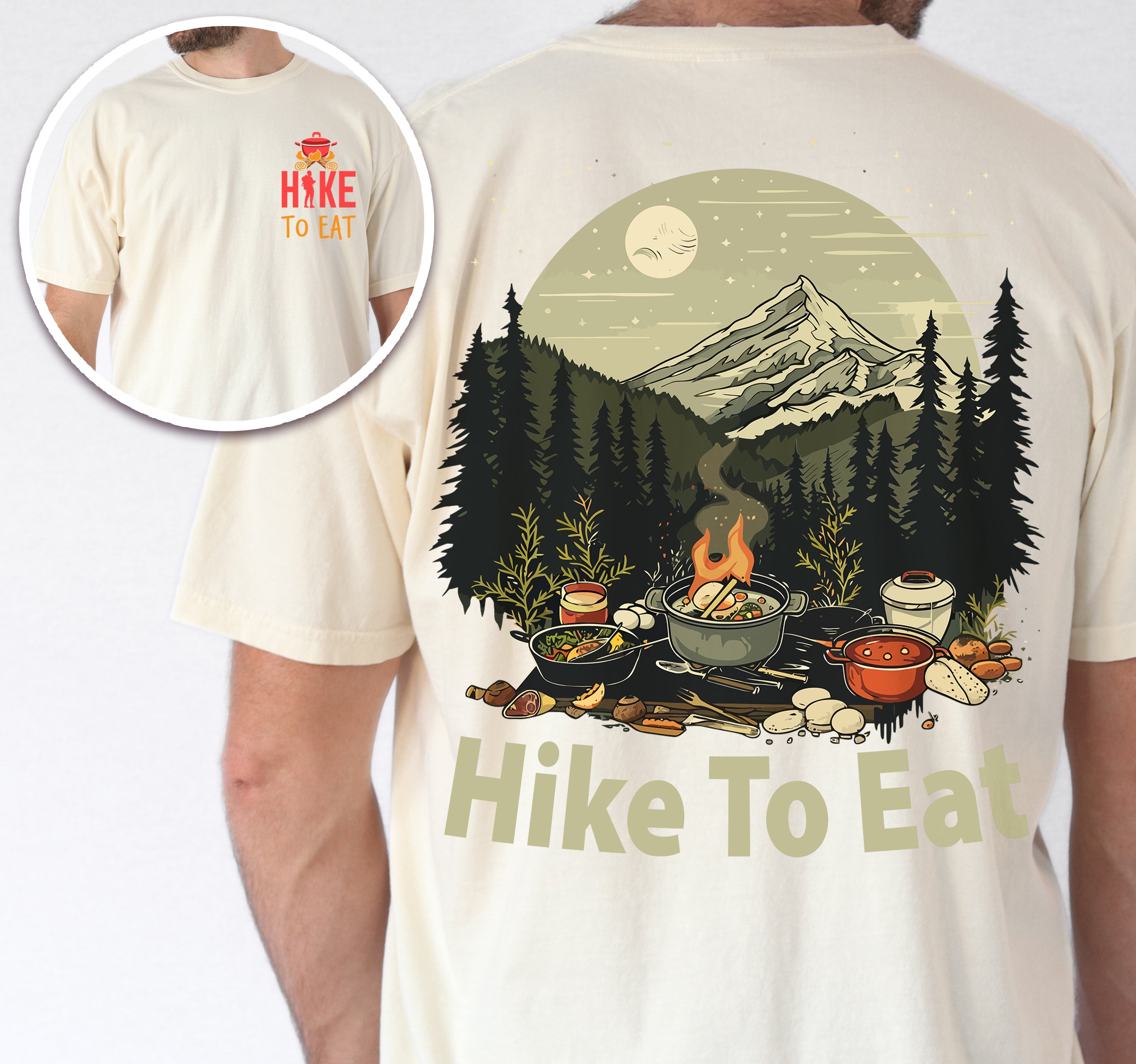 Ivory (Cream White) Hike to Eat t-shirt front and back view showing small red chest logo and large back design featuring nighttime camping scene with campfire, cooking pots, food, mountains, pine trees, and starry sky with moon