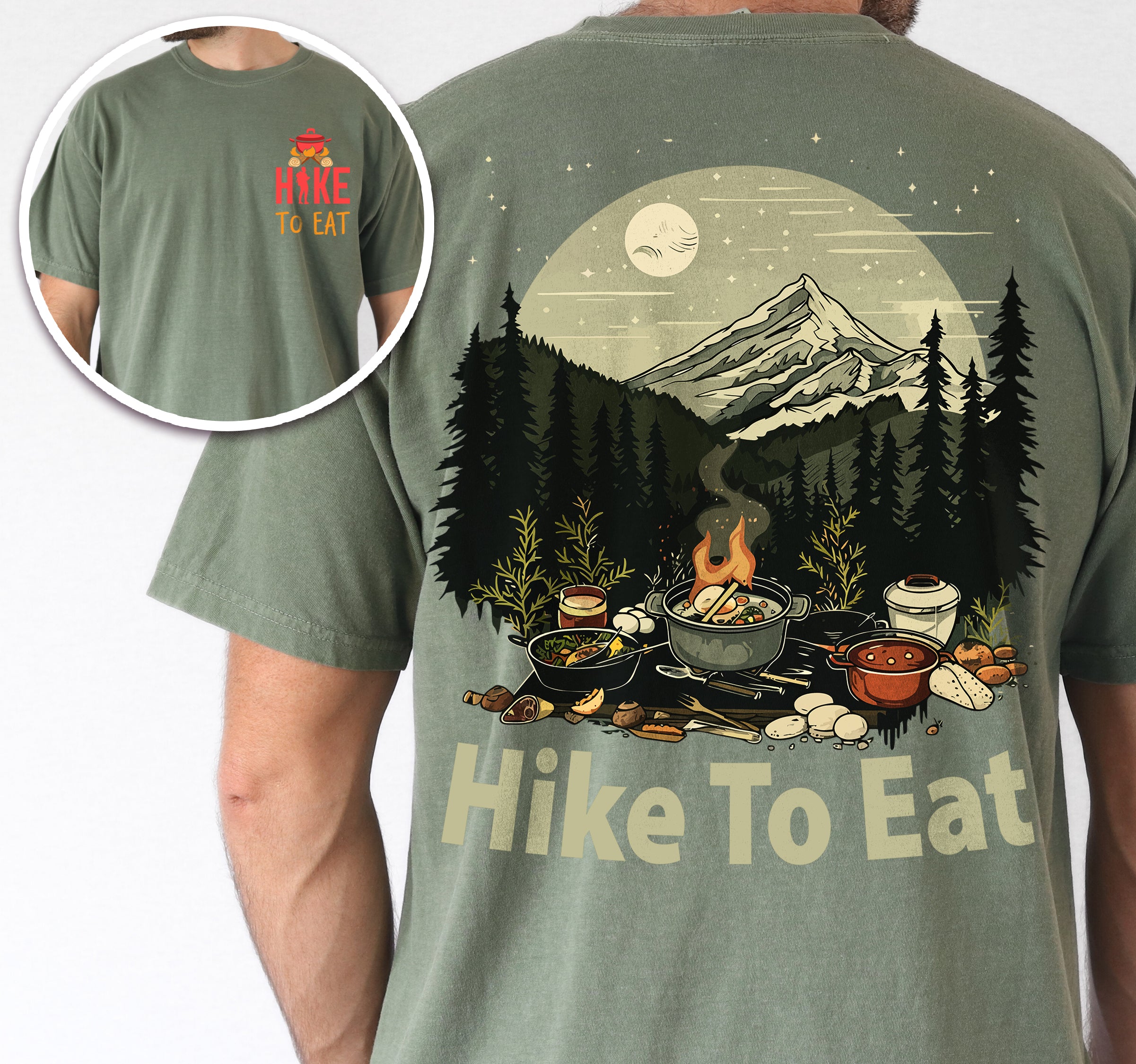 Moss (Dark Green) Hike to Eat t-shirt front and back view showing small red chest logo and large back design featuring nighttime camping scene with campfire, cooking pots, food, mountains, pine trees, and starry sky with moon
