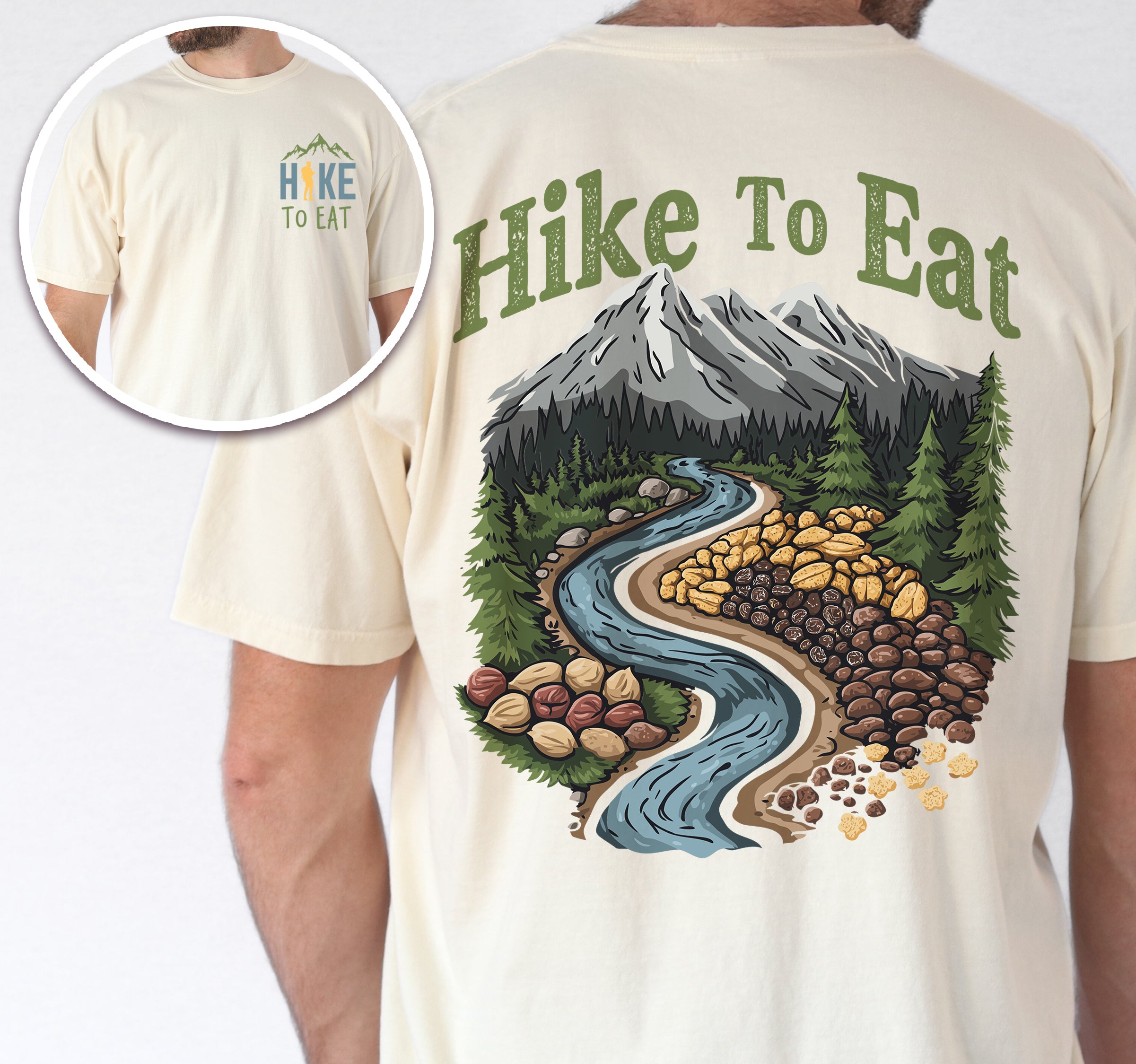 Ivory (Cream White) Hike to Eat t-shirt front and back view showing small colorful chest logo and large back design featuring winding river through mountain landscape filled with trail mix nuts, dried fruits, and snacks