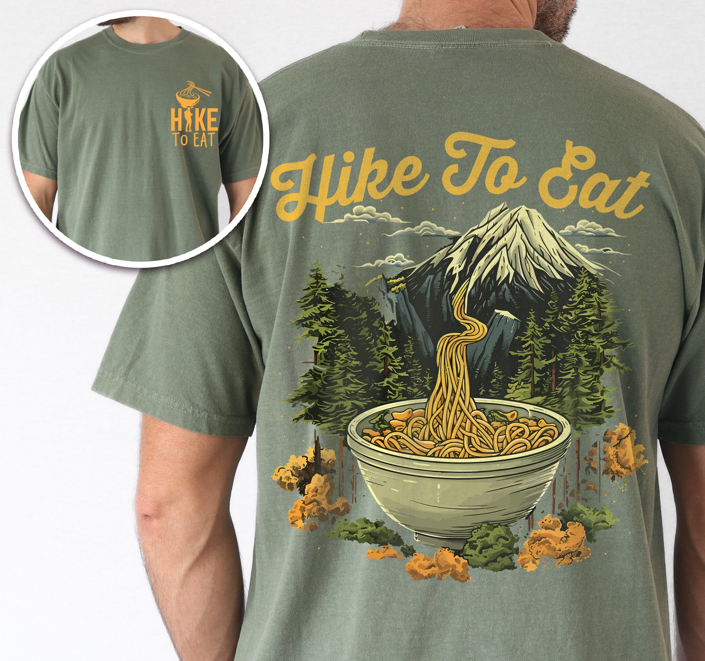Moss (Dark Green) colored Hike to Eat t-shirt front and back view showing small colorful chest logo and large back design featuring ramen noodle bowl with mountain landscape background and pine trees.