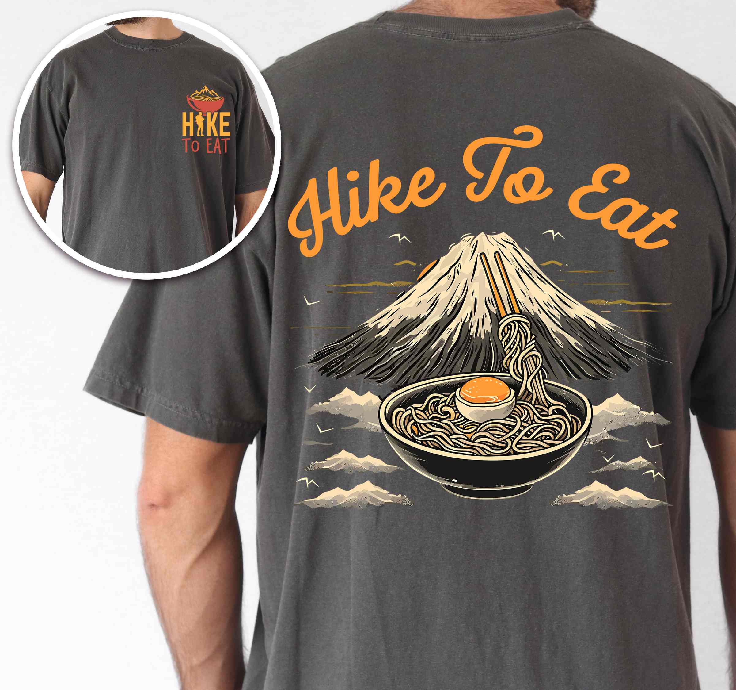 Man wearing pepper "Hike to Eat" text in bold lettering front and back design mountains, birds, illustrated bowl of ramen noodles, and backpacker for ramen lovers.