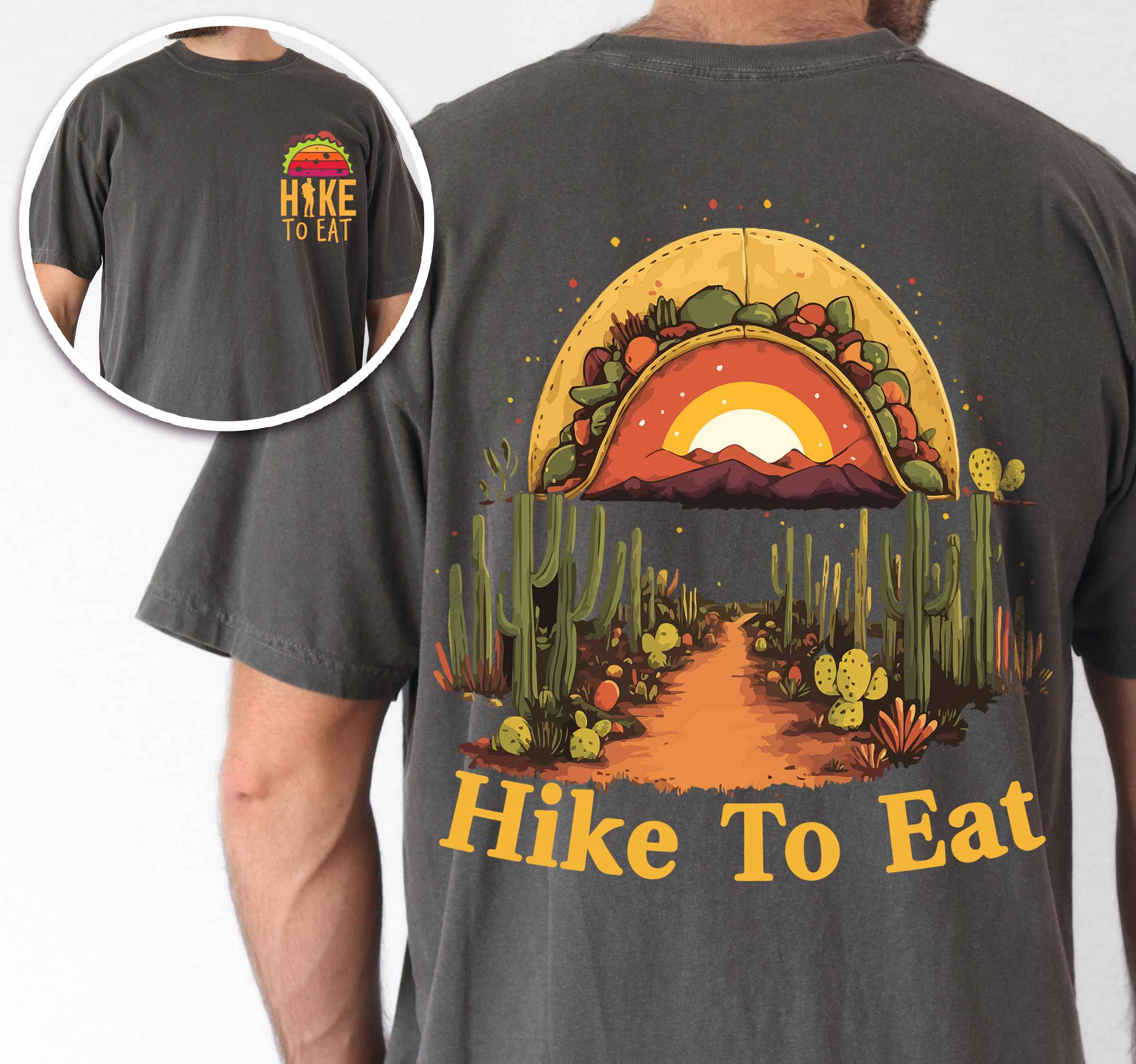 Man wearing pepper "Hike to Eat" text in bold lettering back design, mountains, birds, illustrated sunset taco, and backpacker for taco enthusiasts.