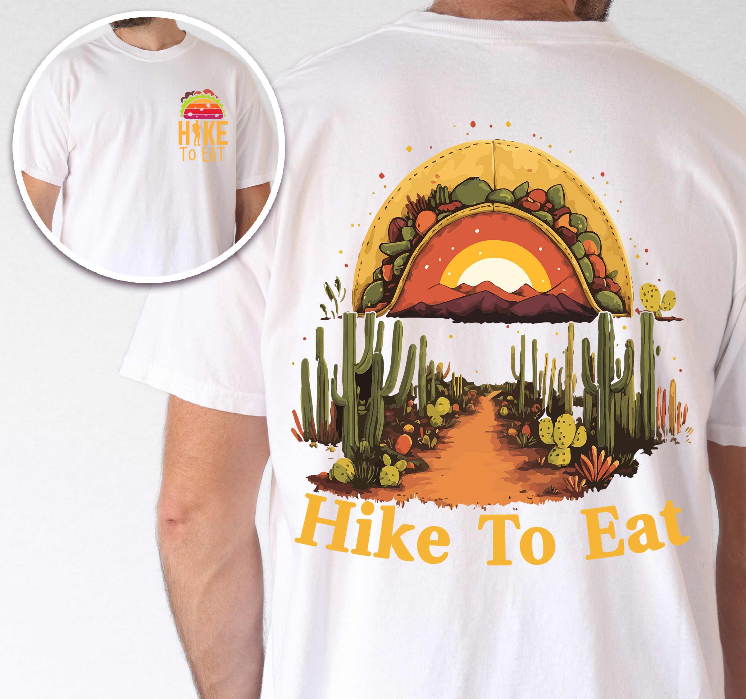 Man wearing white "Hike to Eat" text in bold lettering back design, mountains, birds, illustrated sunset taco, and backpacker for taco enthusiasts.