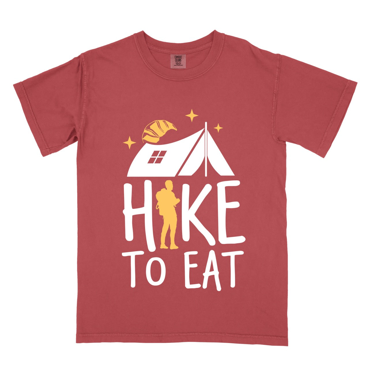 Crimson (red) Hike to Eat brand philosophy vintage tee with white camping tent croissant moon stars character silhouette with backpack integrated into typography on Comfort Colors shirt for food motivated adventurers, outdoor enthusiasts and hikers