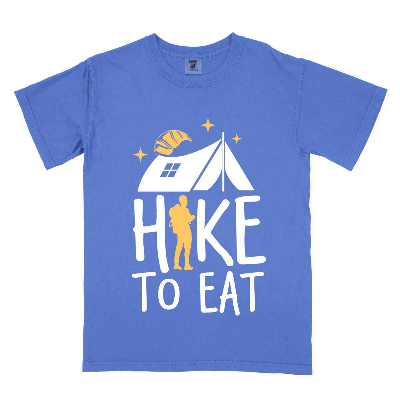 Flo Blue Hike to Eat brand philosophy vintage tee with white camping tent croissant moon stars character silhouette with backpack integrated into typography on Comfort Colors shirt for food motivated adventurers, outdoor enthusiasts and hikers