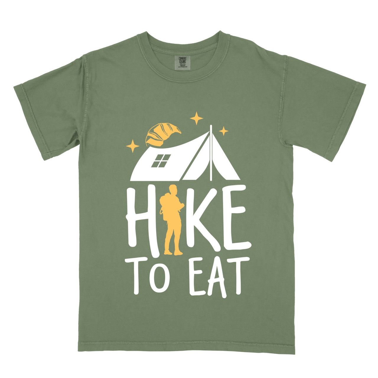 Moss (green) Hike to Eat brand philosophy vintage tee with white camping tent croissant moon stars character silhouette with backpack integrated into typography on Comfort Colors shirt for food motivated adventurers, outdoor enthusiasts and hikers