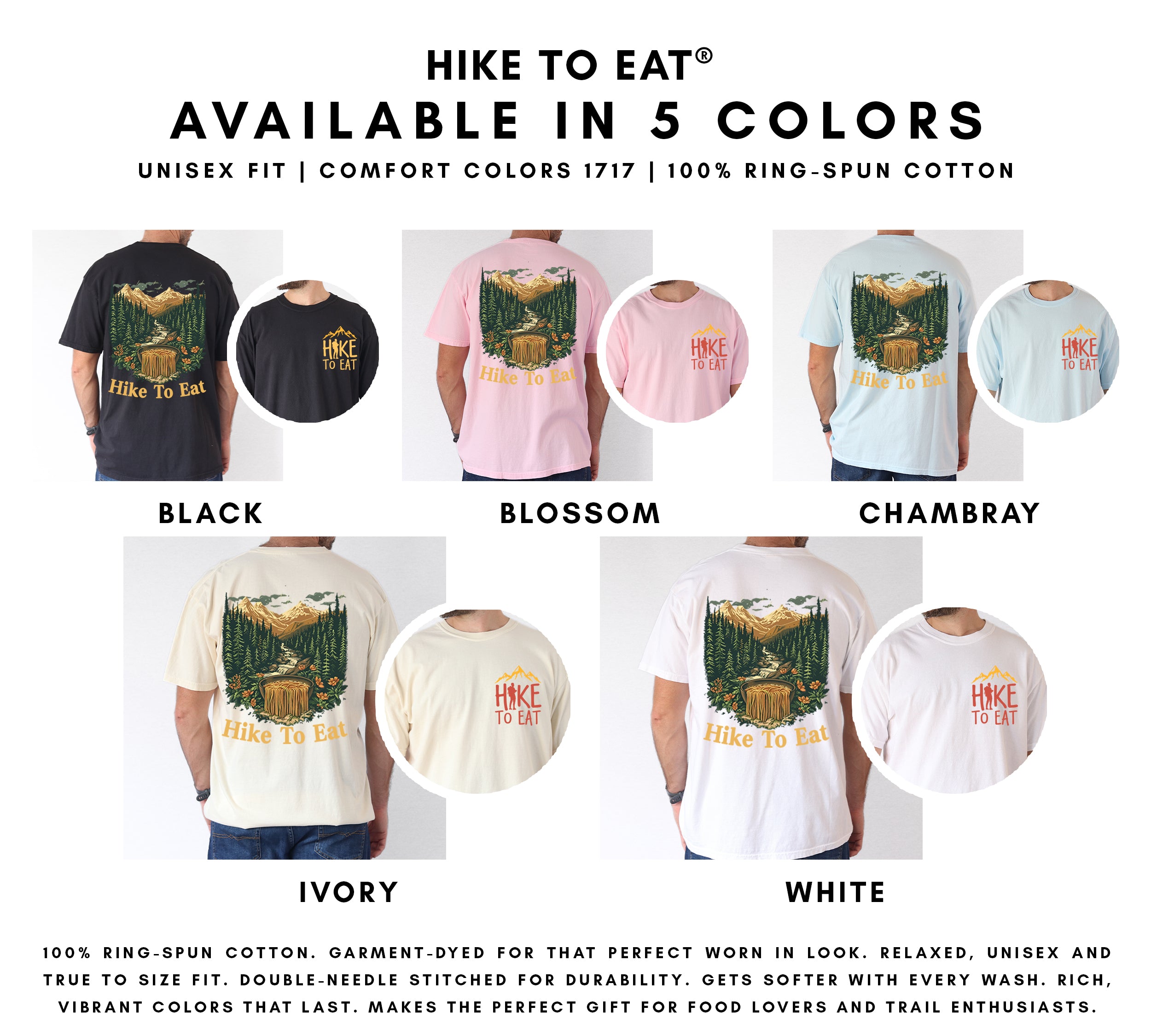Hike to Eat "Noodle Rapids" t-shirt color options chart showing 5 available colors: black, blossom, chambray, ivory, and white with front and back design views featuring mountain stream transforming into ramen noodles.
