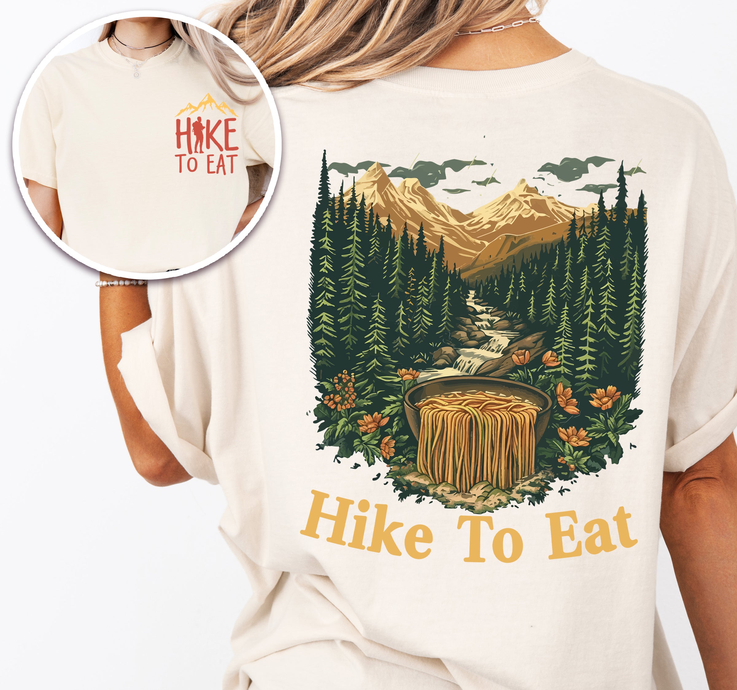 Ivory (Cream White) Hike to Eat t-shirt front and back view showing small colorful chest detail and large back design featuring mountain landscape with crystal-clear stream cascading through evergreen forests and wildflowers, transforming into flowing ramen noodles in a rustic wooden bowl.