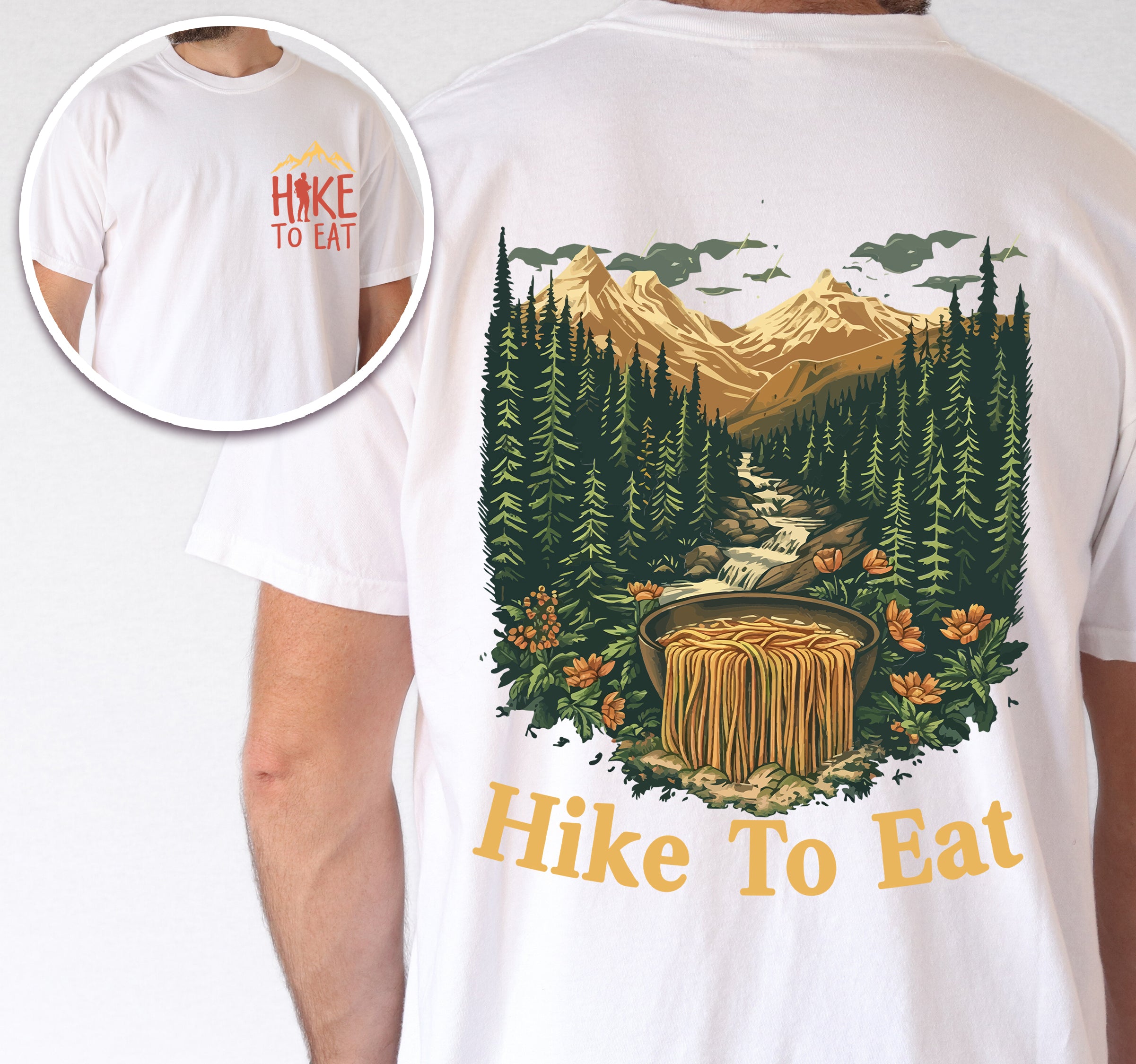 White Hike to Eat t-shirt front and back view showing small colorful chest detail and large back design featuring mountain landscape with crystal-clear stream cascading through evergreen forests and wildflowers, transforming into flowing ramen noodles in a rustic wooden bowl.