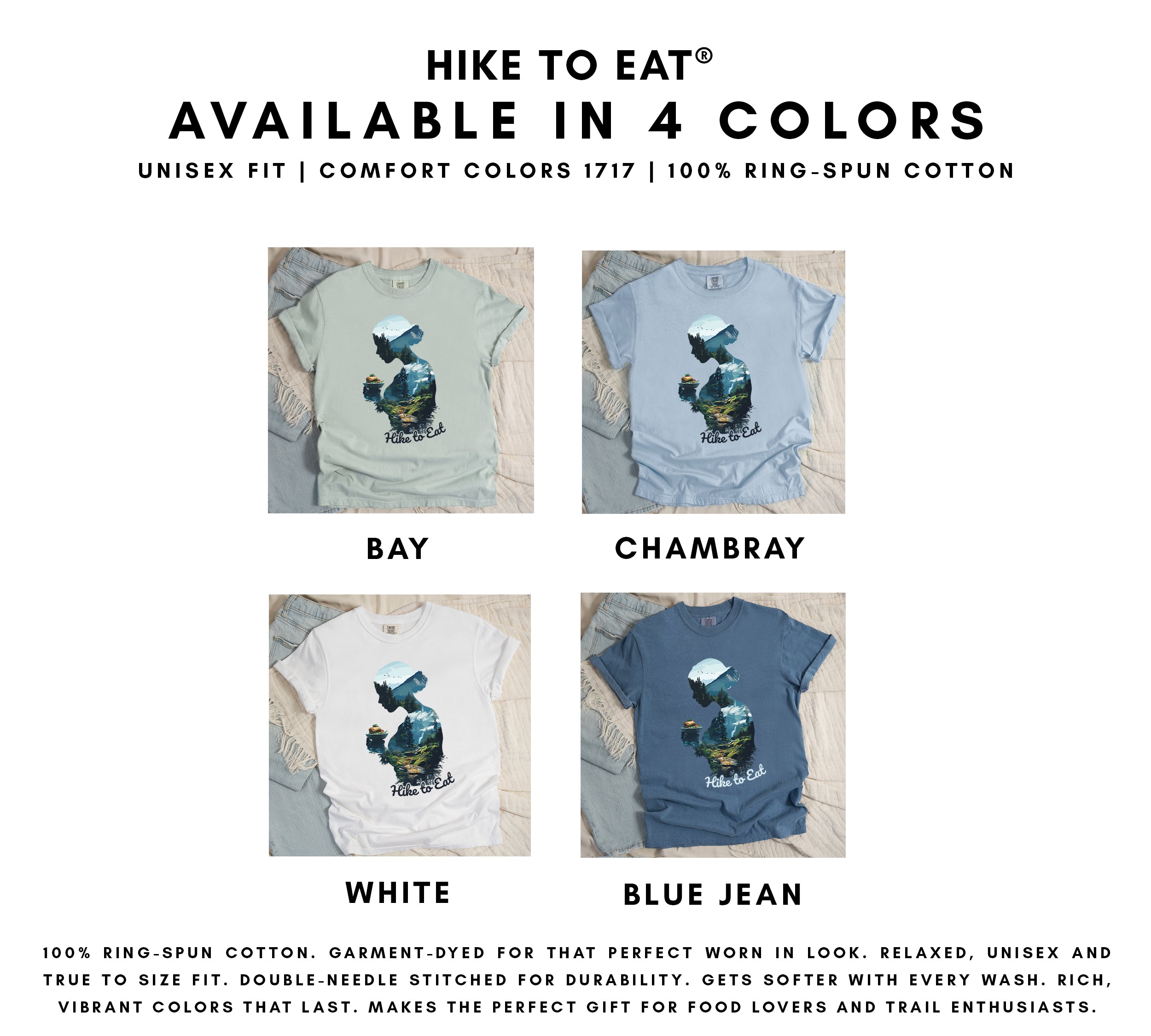 Wilderness Within Hike to Eat t-shirt featuring double exposure design of hiker silhouette holding plate with sandwich / burger merged with mountain forest landscape on Comfort Colors shirt in 4 different colors of bay, chambray, white and blue jean