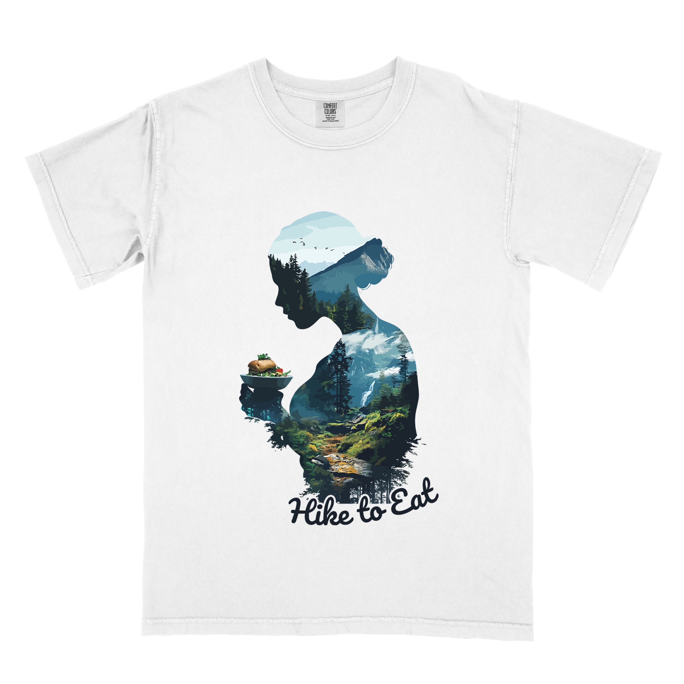 Wilderness Within Hike to Eat t-shirt featuring double exposure design of hiker silhouette holding plate with sandwich / burger merged with mountain forest landscape on Comfort Colors shirt in white color