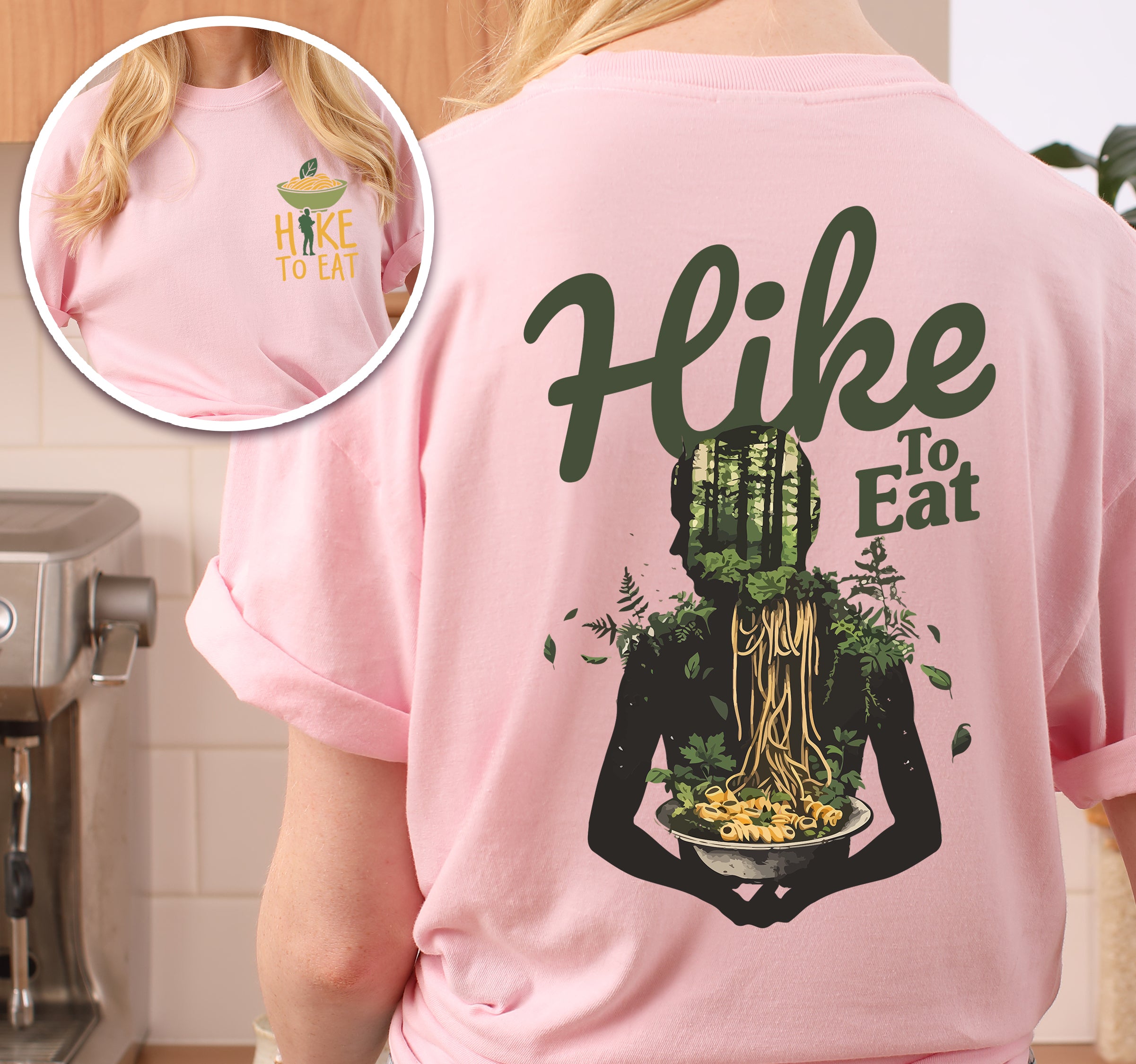 Blossom (Light Pink) colored Hike to Eat t-shirt front and back view showing small colorful chest detail and large back design featuring 'Nature's Bowl' with person silhouette filled with forest trees holding bowl of pasta, surrounded by floating leaves.