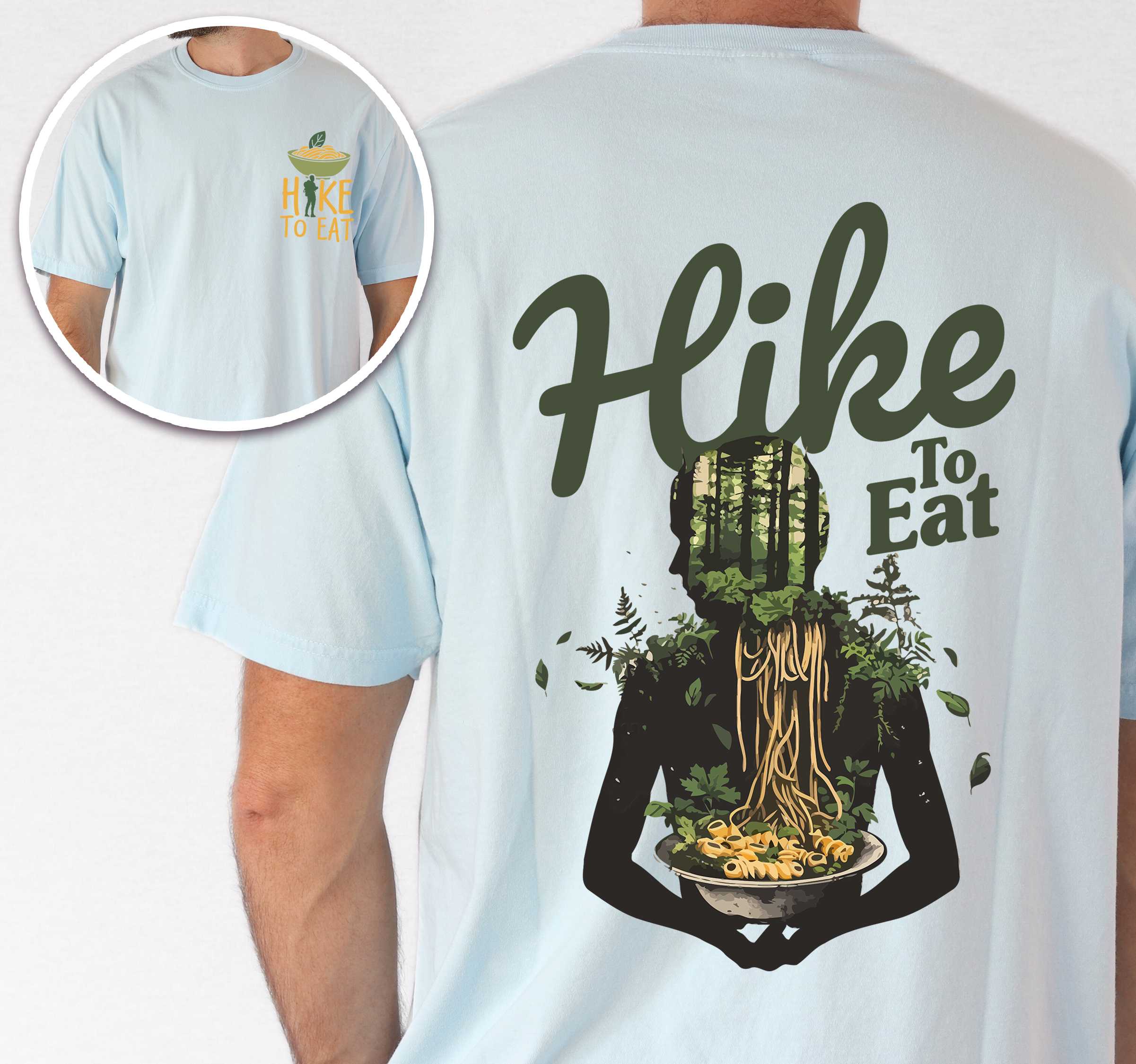 Man wearing chambray "Hike to Eat" text in bold lettering front and back design, mountains, birds, illustrated bowl of ramen noodles, and backpacker for ramen lovers.