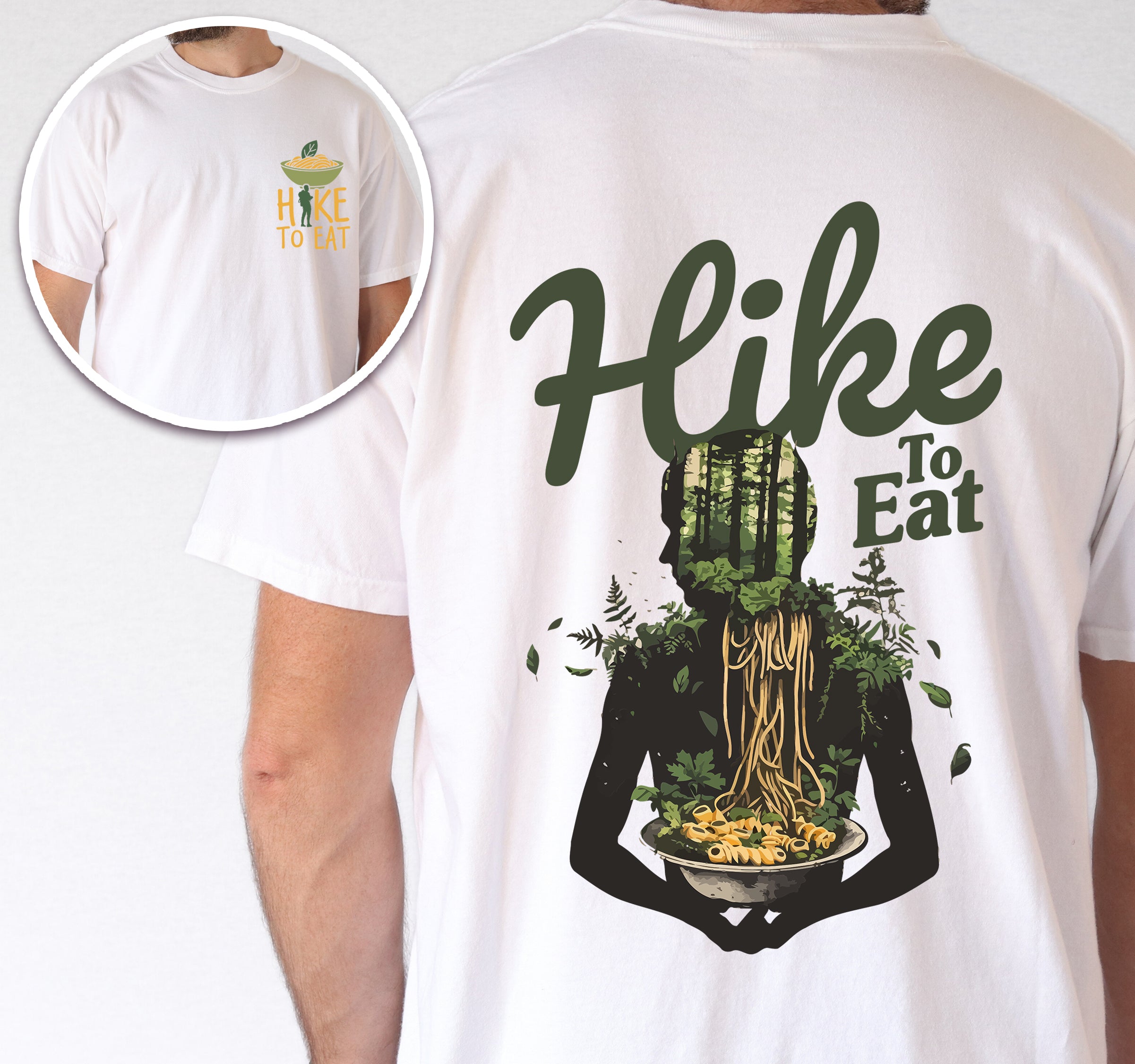 White colored Hike to Eat t-shirt front and back view showing small colorful chest detail and large back design featuring 'Nature's Bowl' with person silhouette filled with forest trees holding bowl of pasta, surrounded by floating leaves