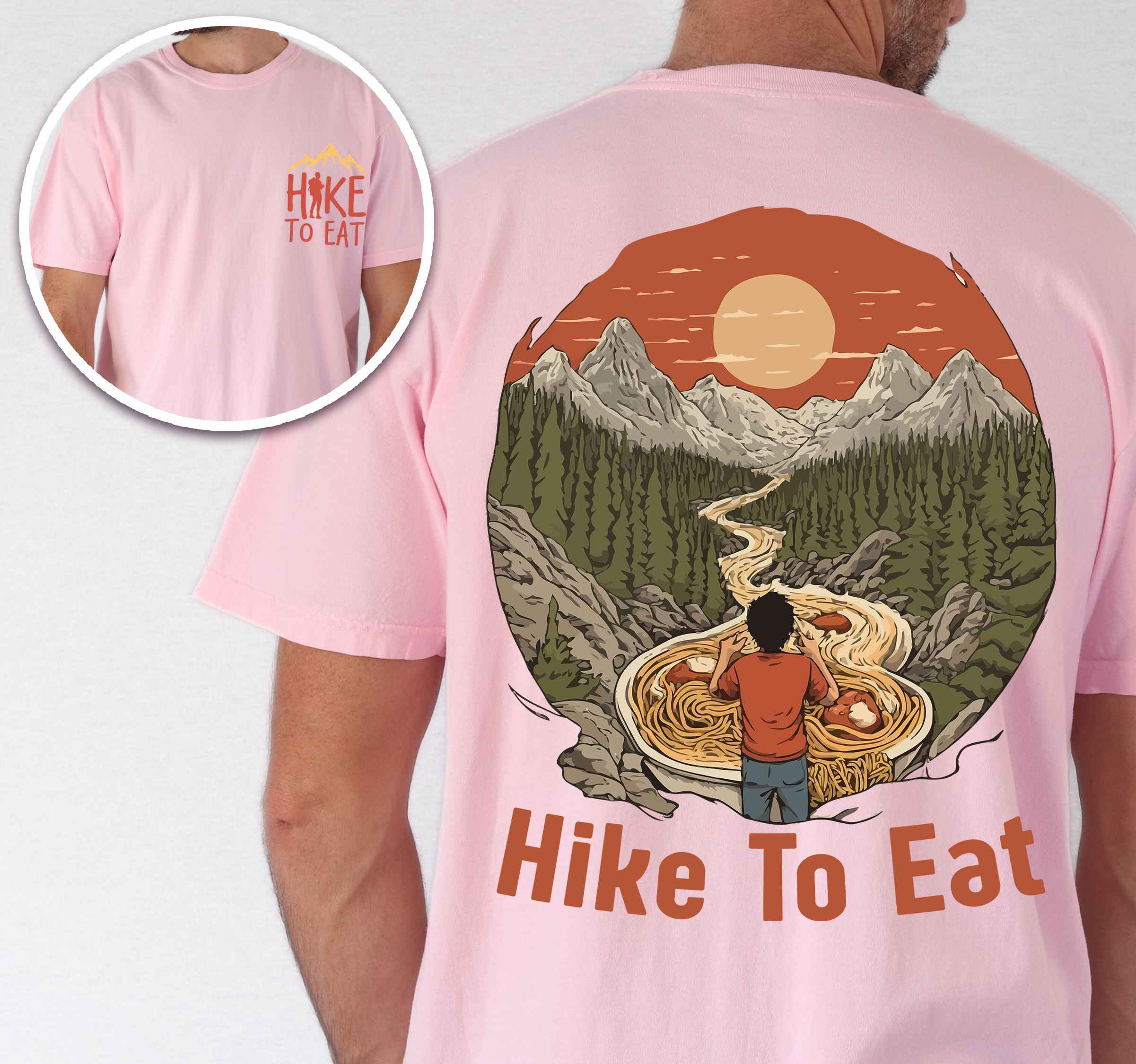 Man wearing blossom "Hike to Eat" text in bold lettering back design, mountains, birds, illustrated ramen noodles, and backpacker perfect for ramen enthusiasts.