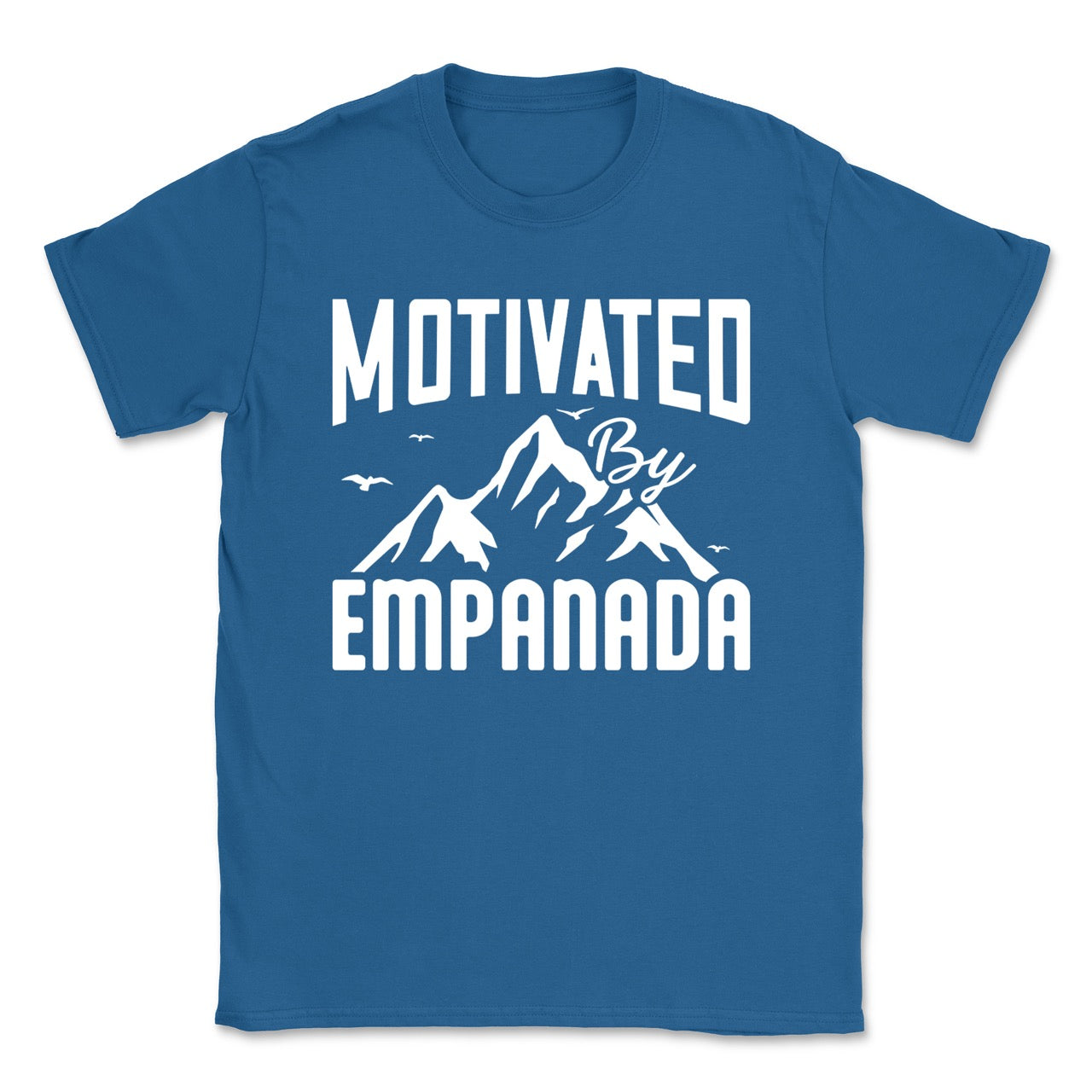 Blue t-shirt with white text 'Motivated by Empanada' and mountain graphic on a white background