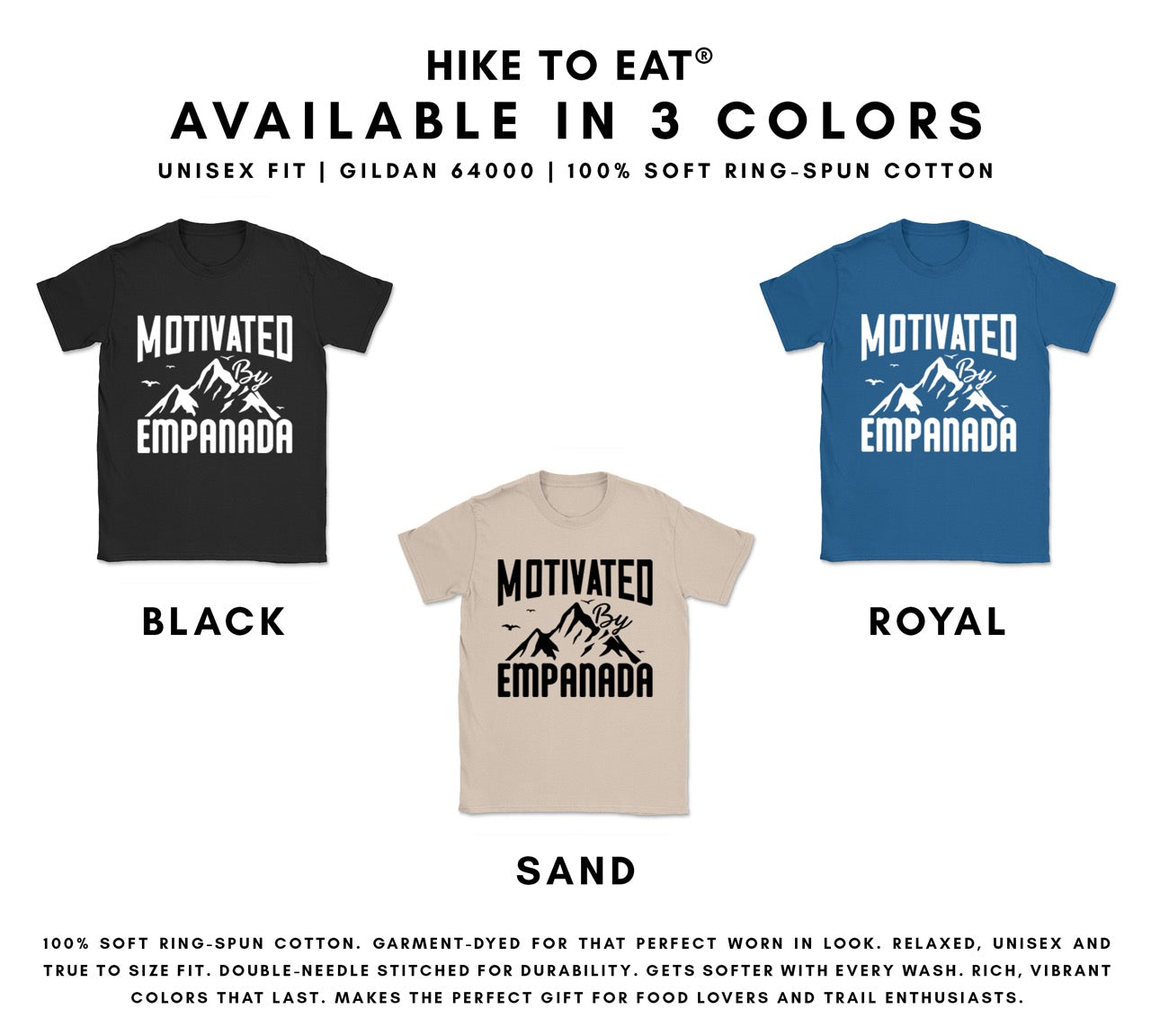 Three t-shirts in black, sand, and royal blue with 'Motivated Empanada' design on a white background.