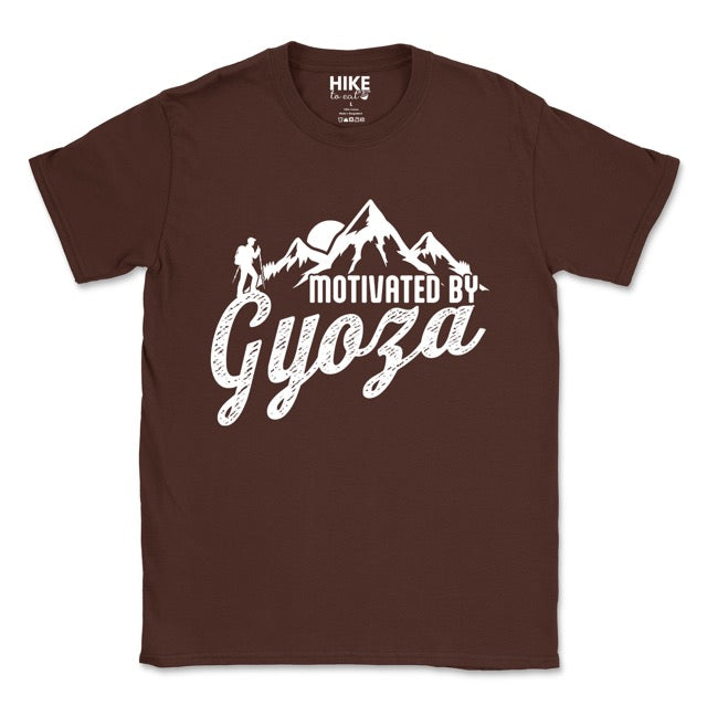 Dark Chocolate (brown) Motivated by Gyoza statement tee with distressed typography, mountain peaks, and hiker silhouette for gyoza lovers and japanese food lovers.