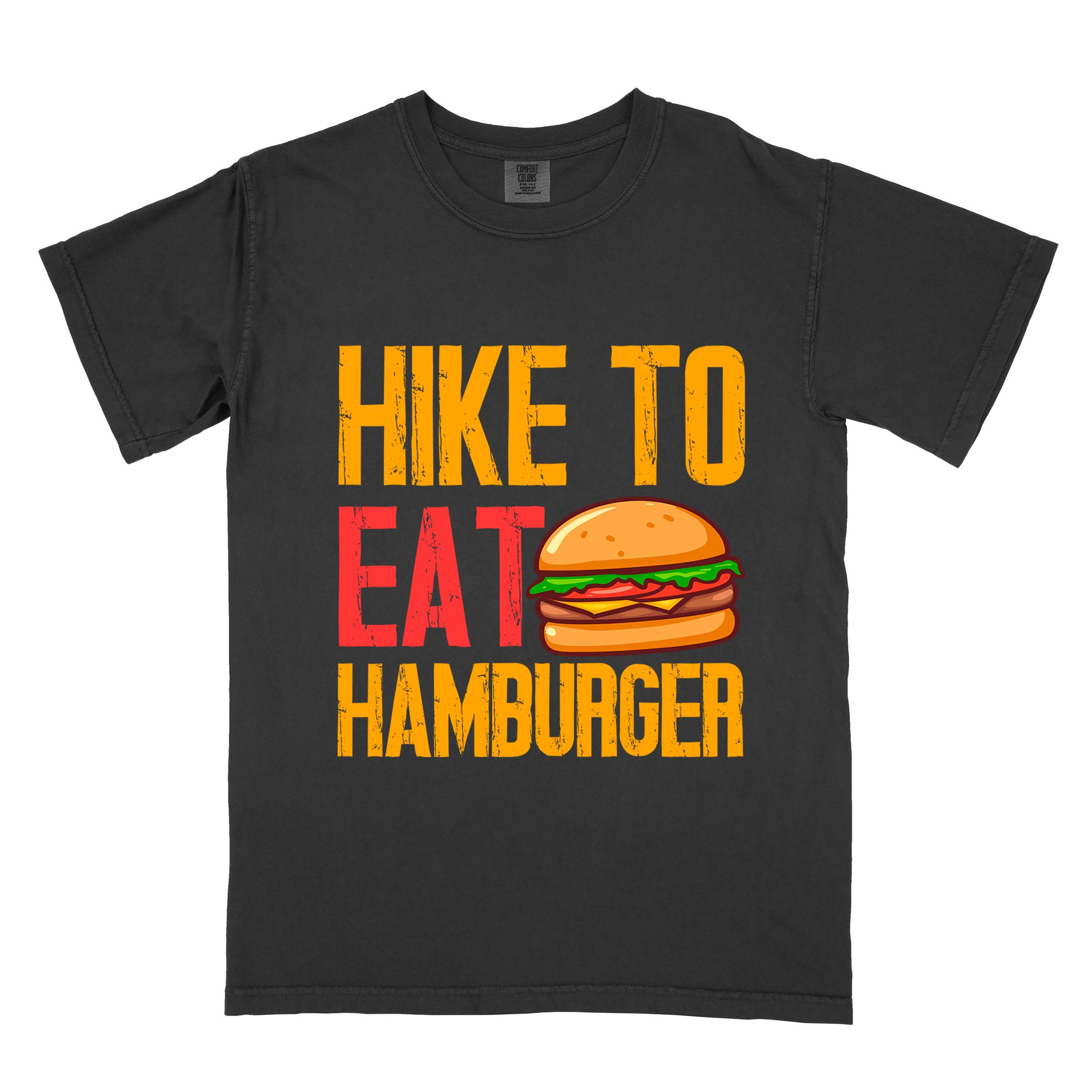 Black "Hike to eat Hamburger" colored vintage tee with bold typography, juicy cheese hamburger illustration, perfect for the hamburger enthusiasts.