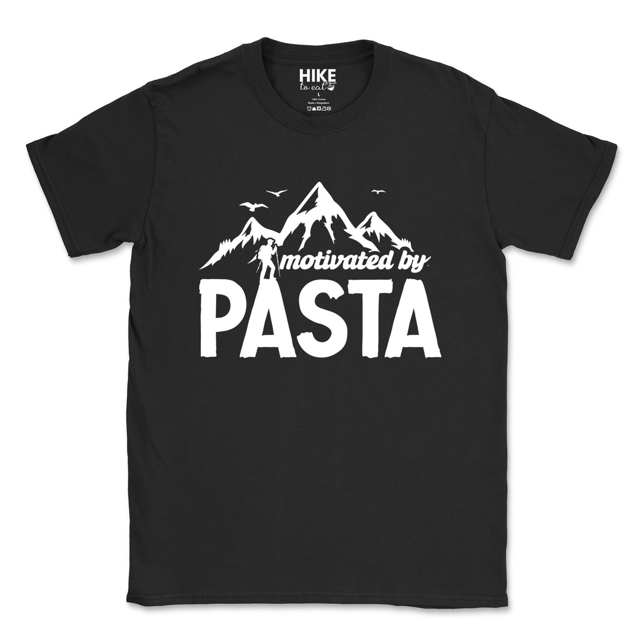Black motivated by Pasta statement tee with mountains, birds, and hiker silhouette for pasta enthusiasts and hikers