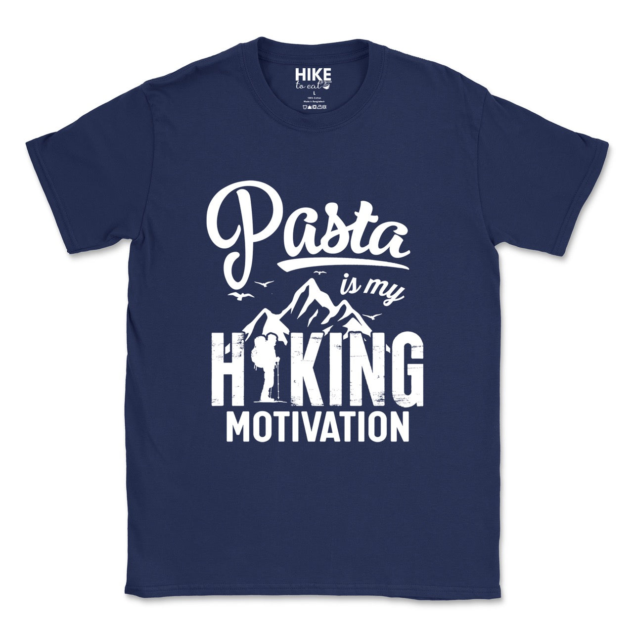 navy Pasta is my Hiking Motivation statement tee with script typography, mountains, birds, and backpacker for pasta lovers
